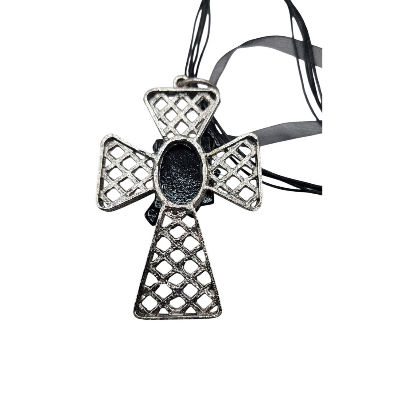 Artisan Dichroic Fused Glass Brutalist Large Cross Necklace 18" Silk Ribbon