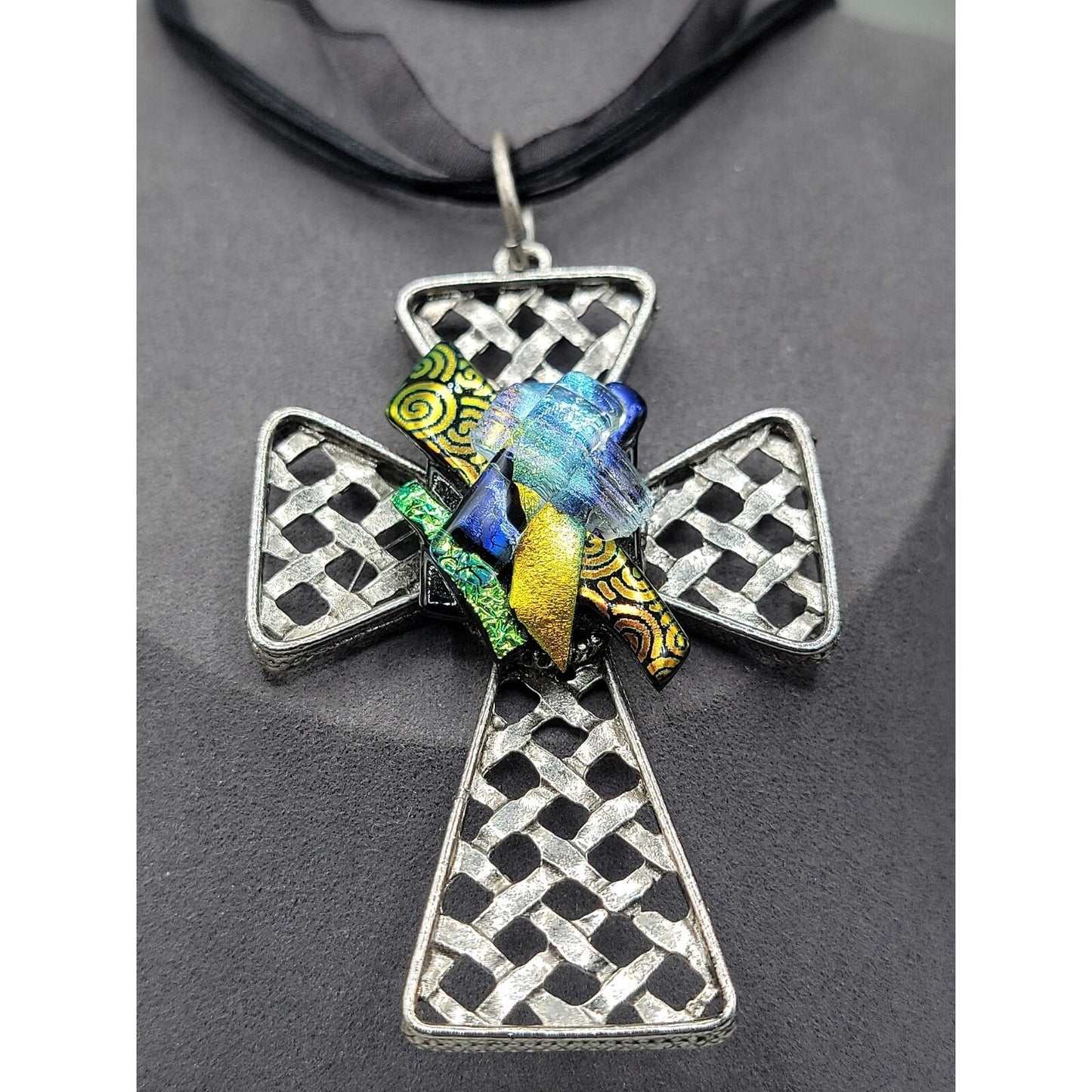 Artisan Dichroic Fused Glass Brutalist Large Cross Necklace 18" Silk Ribbon