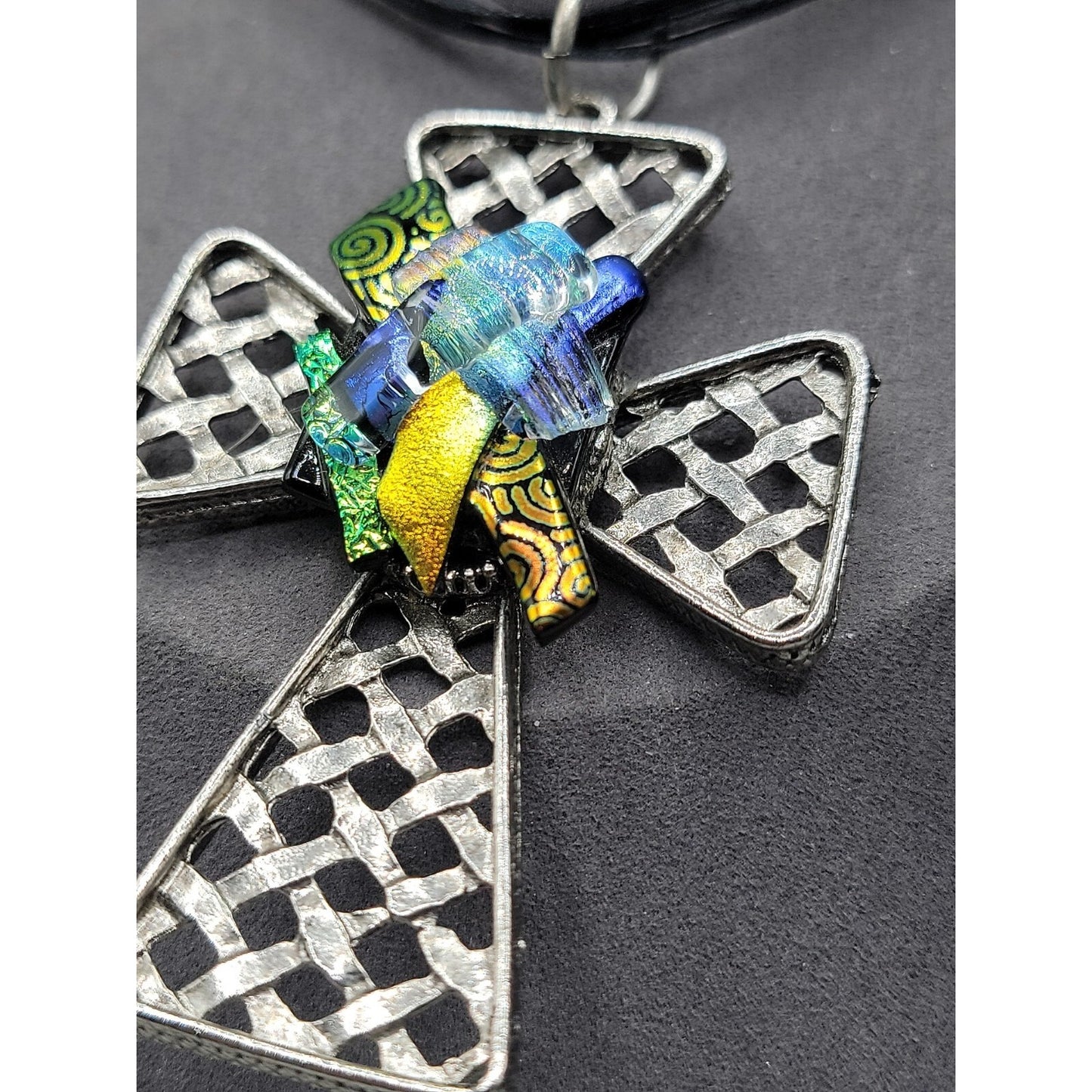 Artisan Dichroic Fused Glass Brutalist Large Cross Necklace 18" Silk Ribbon