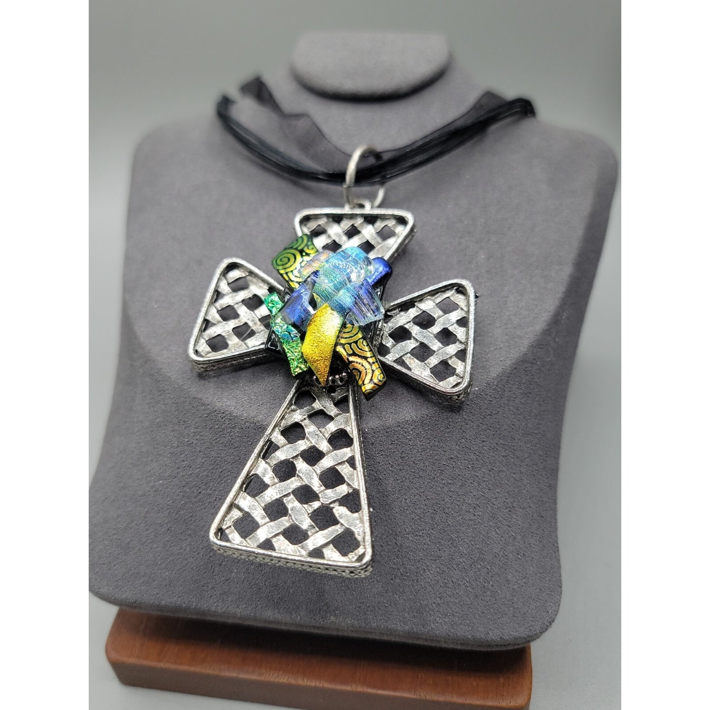 Artisan Dichroic Fused Glass Brutalist Large Cross Necklace 18" Silk Ribbon