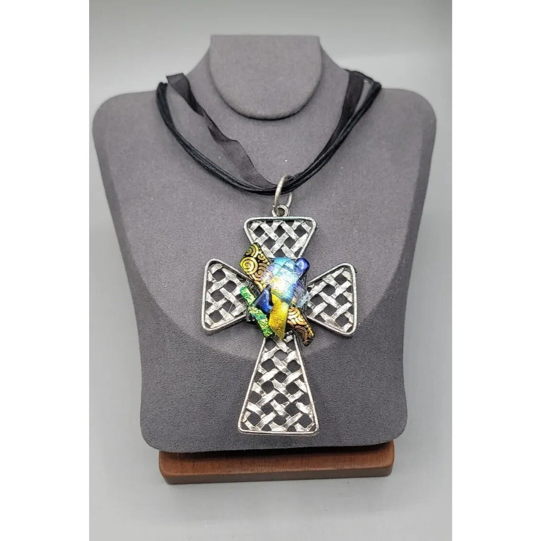 Artisan Dichroic Fused Glass Brutalist Large Cross Necklace 18" Silk Ribbon