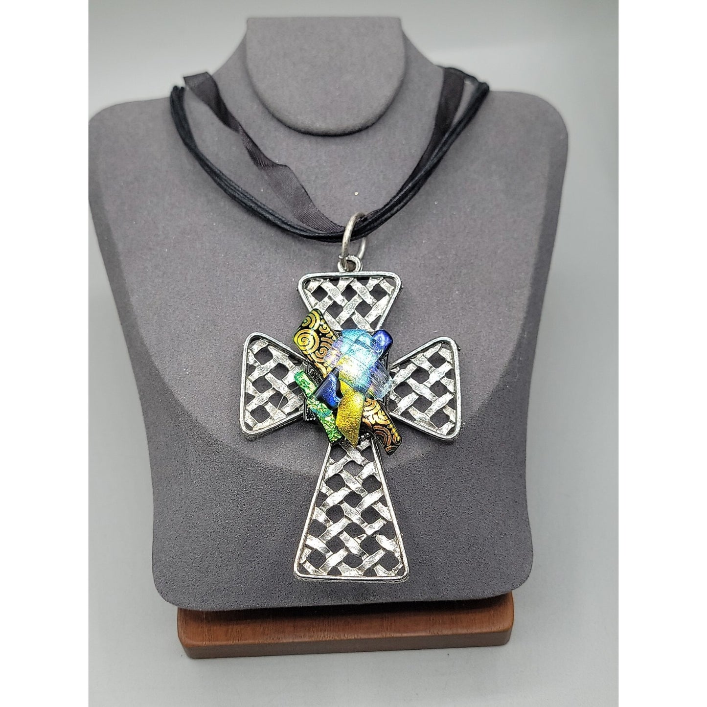 Artisan Dichroic Fused Glass Brutalist Large Cross Necklace 18" Silk Ribbon