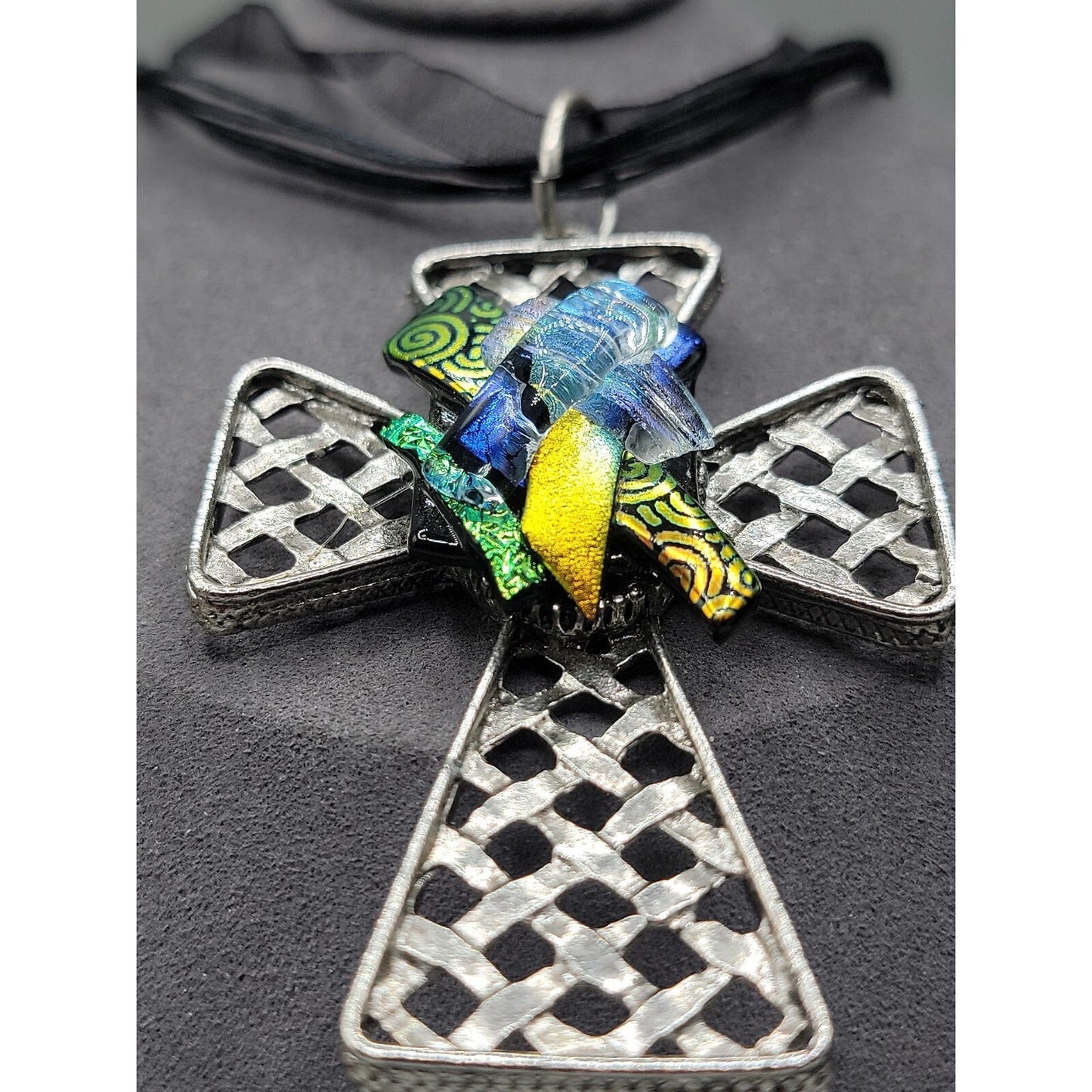 Artisan Dichroic Fused Glass Brutalist Large Cross Necklace 18" Silk Ribbon