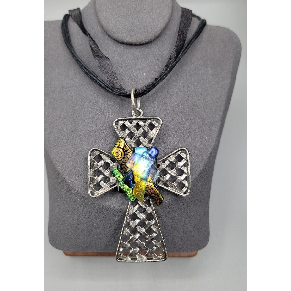 Artisan Dichroic Fused Glass Brutalist Large Cross Necklace 18" Silk Ribbon