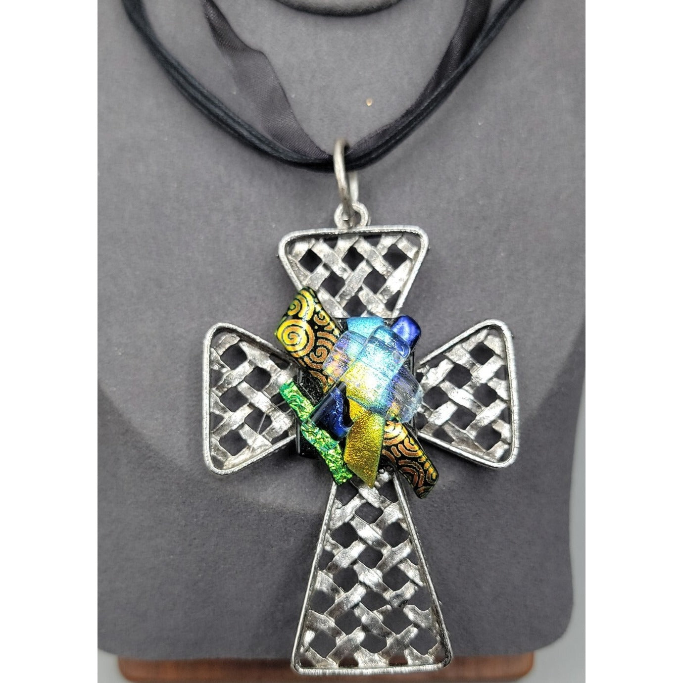 Artisan Dichroic Fused Glass Brutalist Large Cross Necklace 18" Silk Ribbon