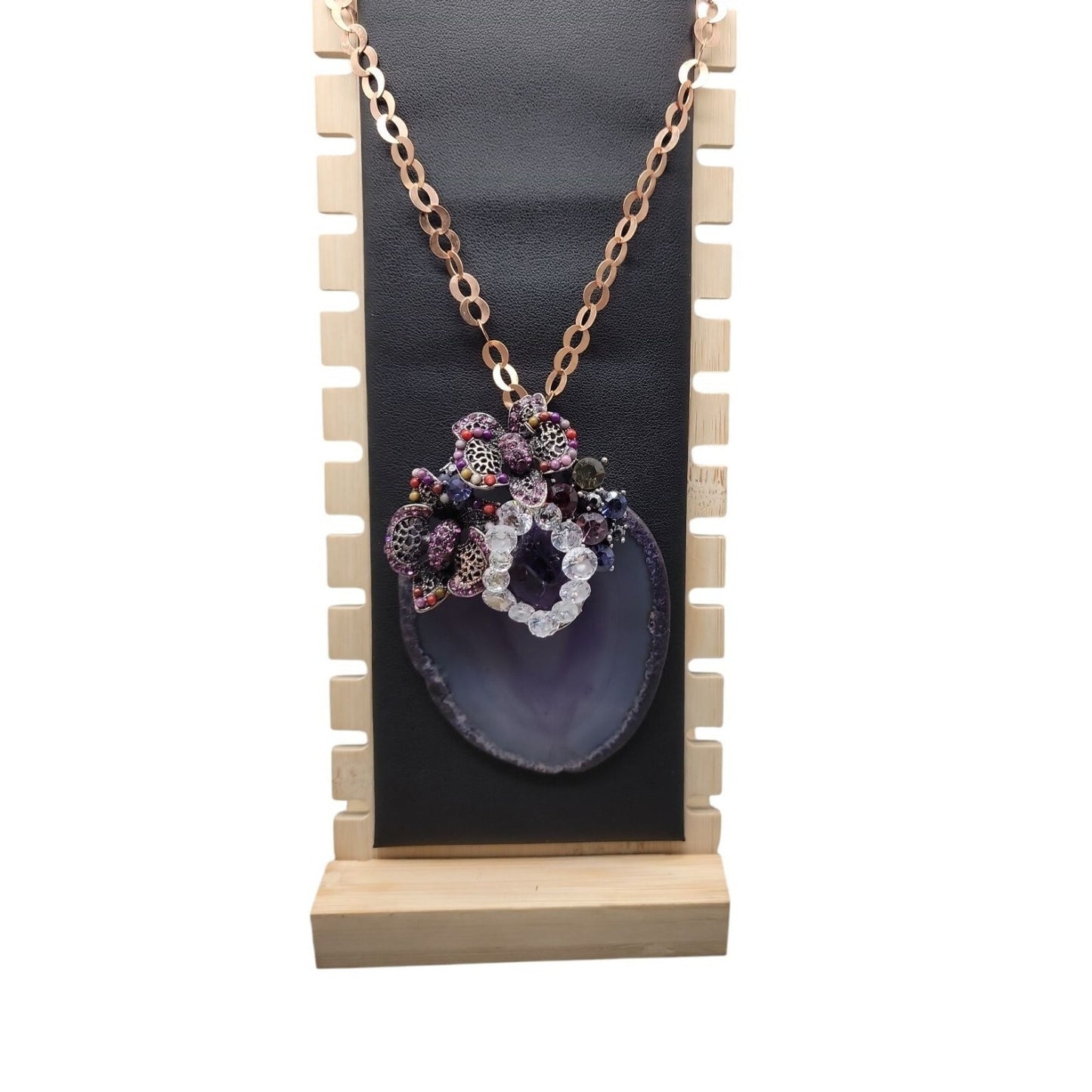 Large Amethyst Slice & Stone Pendant Necklace Cubic Zirconia 18" Copper Chain