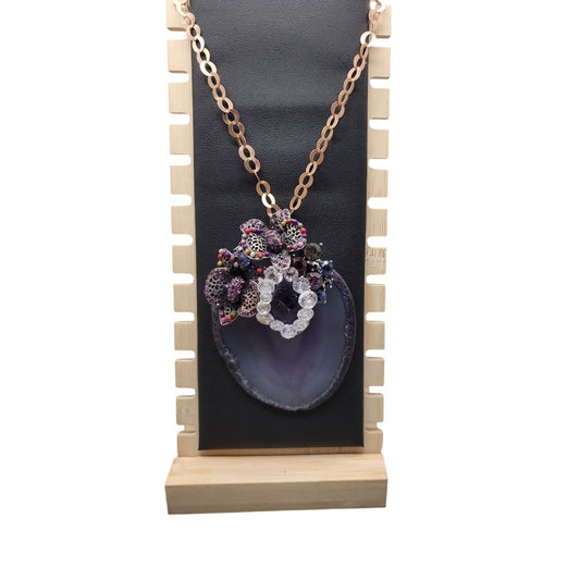 Large Amethyst Slice & Stone Pendant Necklace Cubic Zirconia 18" Copper Chain