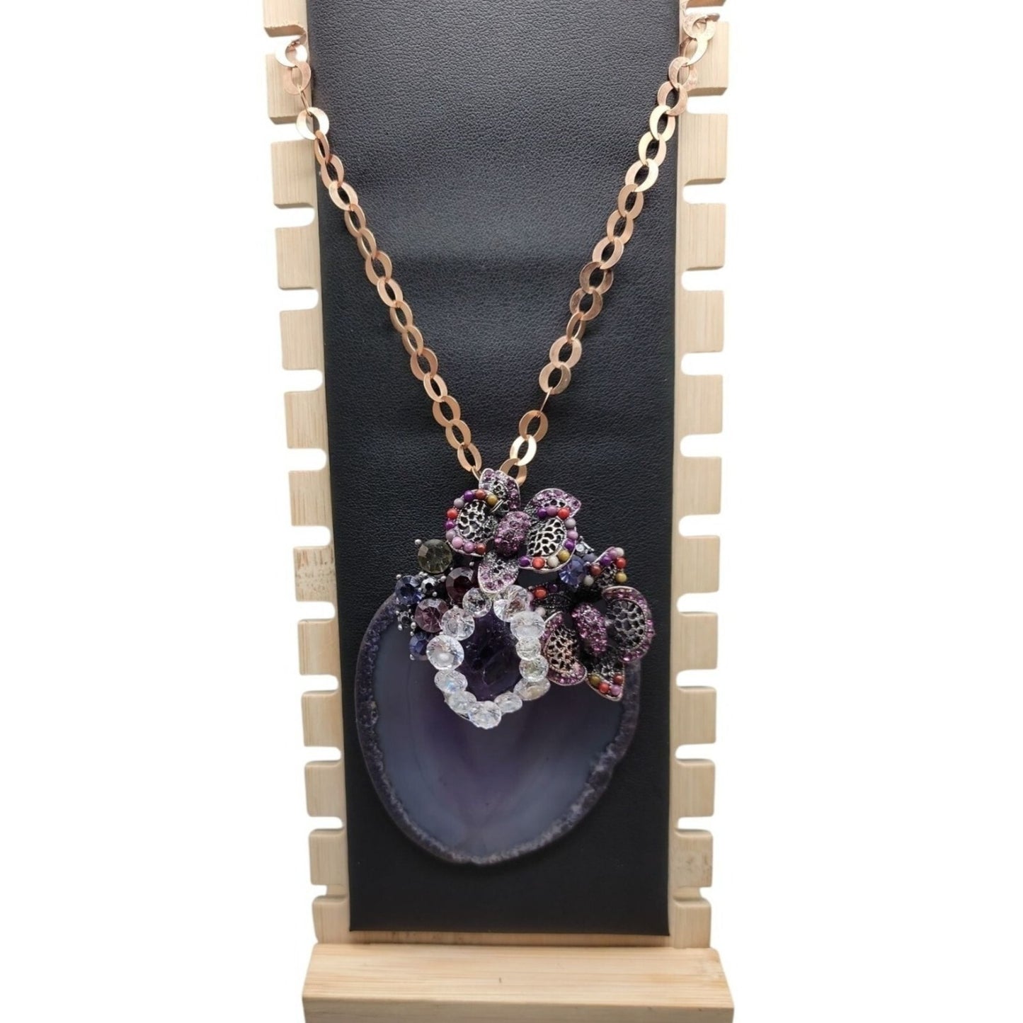 Large Amethyst Slice & Stone Pendant Necklace Cubic Zirconia 18" Copper Chain