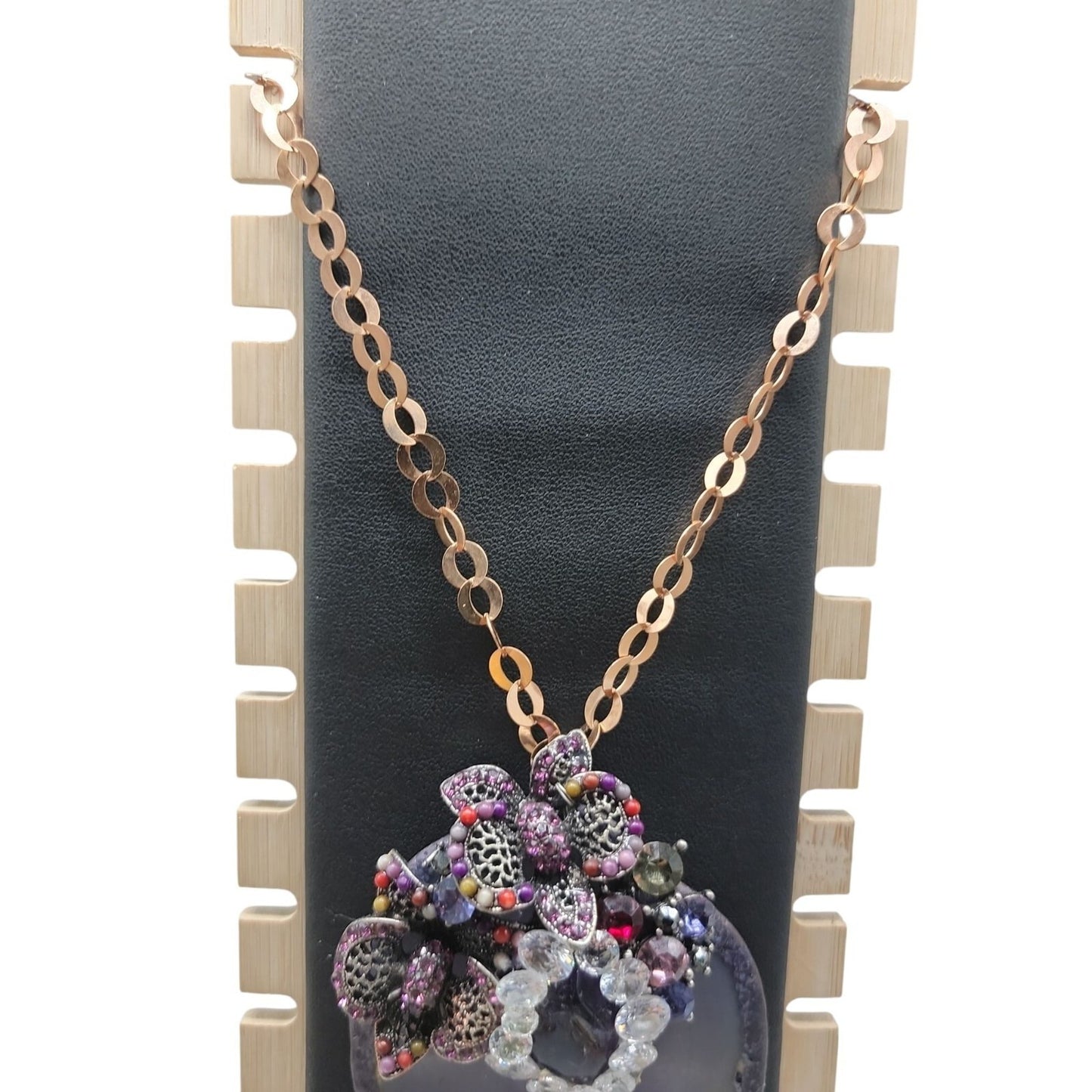 Large Amethyst Slice & Stone Pendant Necklace Cubic Zirconia 18" Copper Chain