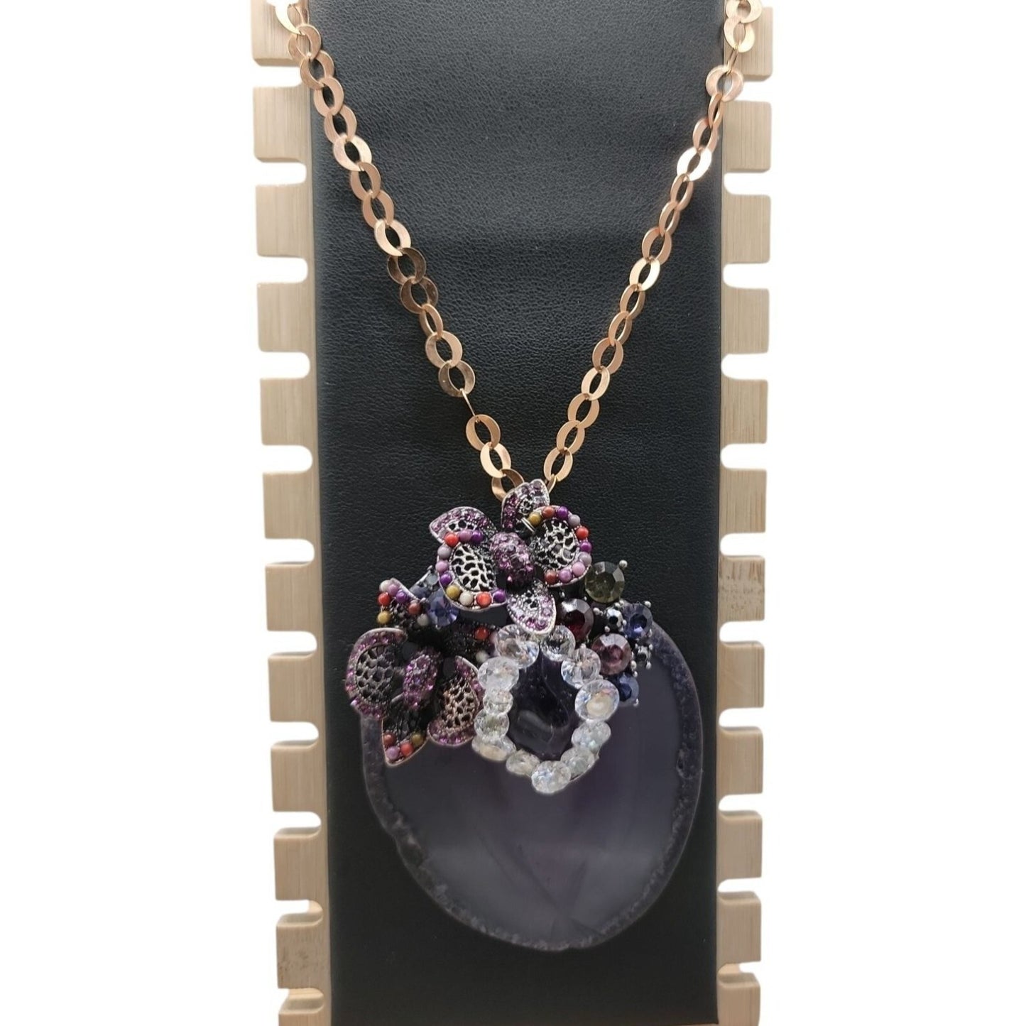 Large Amethyst Slice & Stone Pendant Necklace Cubic Zirconia 18" Copper Chain
