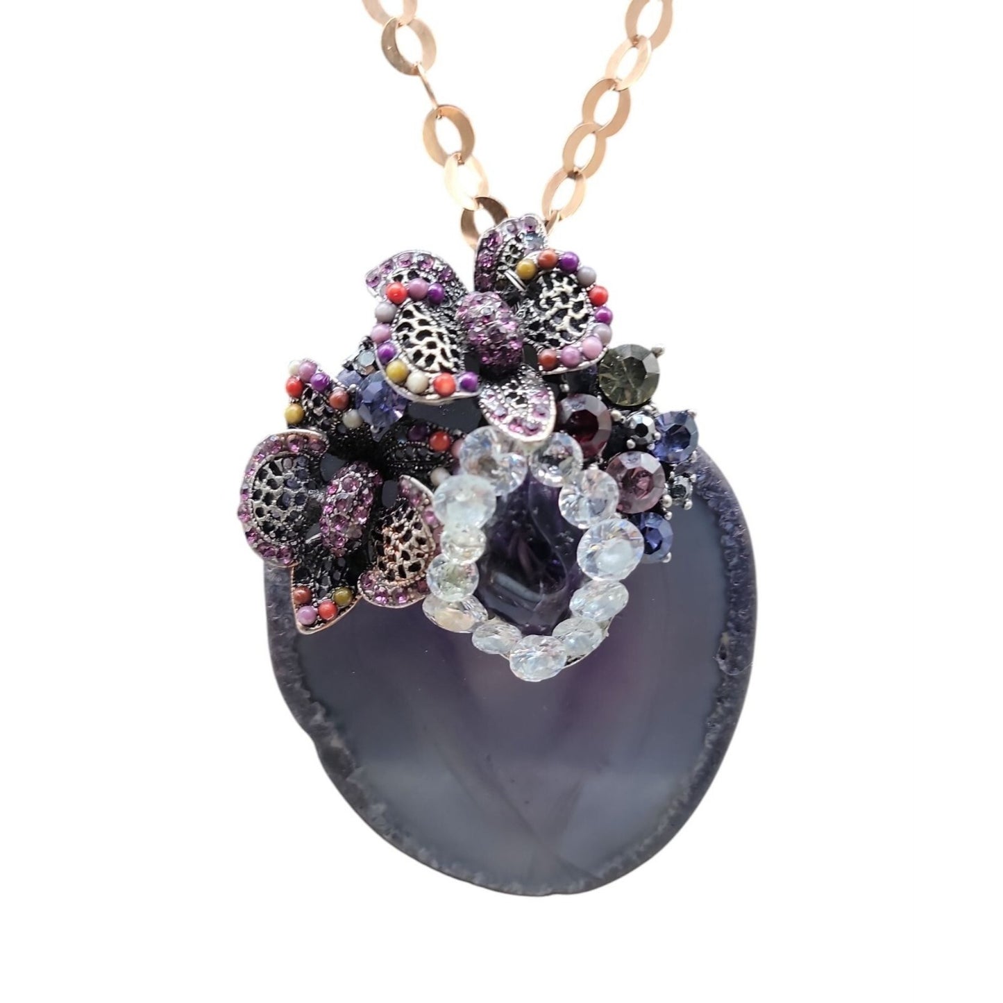 Large Amethyst Slice & Stone Pendant Necklace Cubic Zirconia 18" Copper Chain