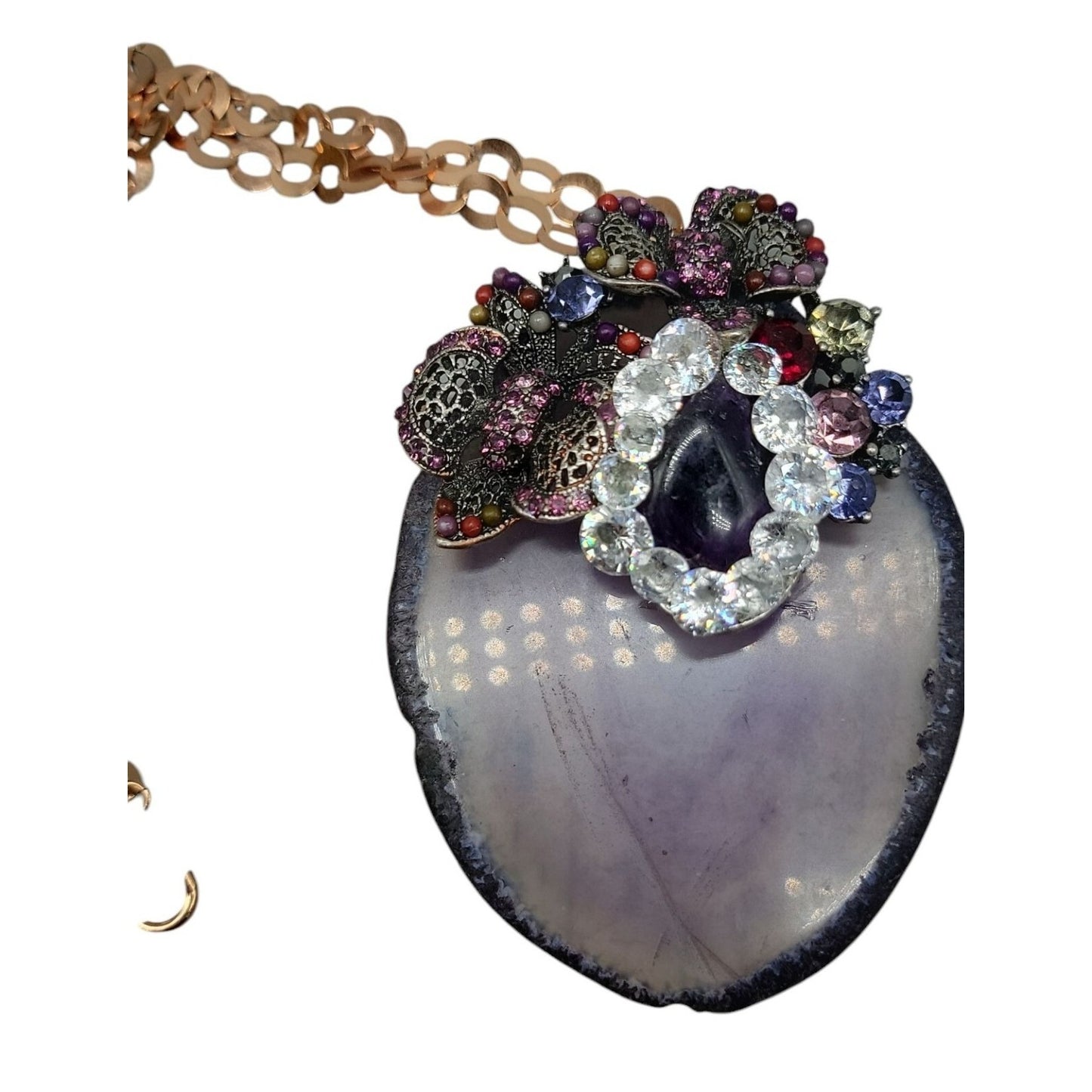 Large Amethyst Slice & Stone Pendant Necklace Cubic Zirconia 18" Copper Chain