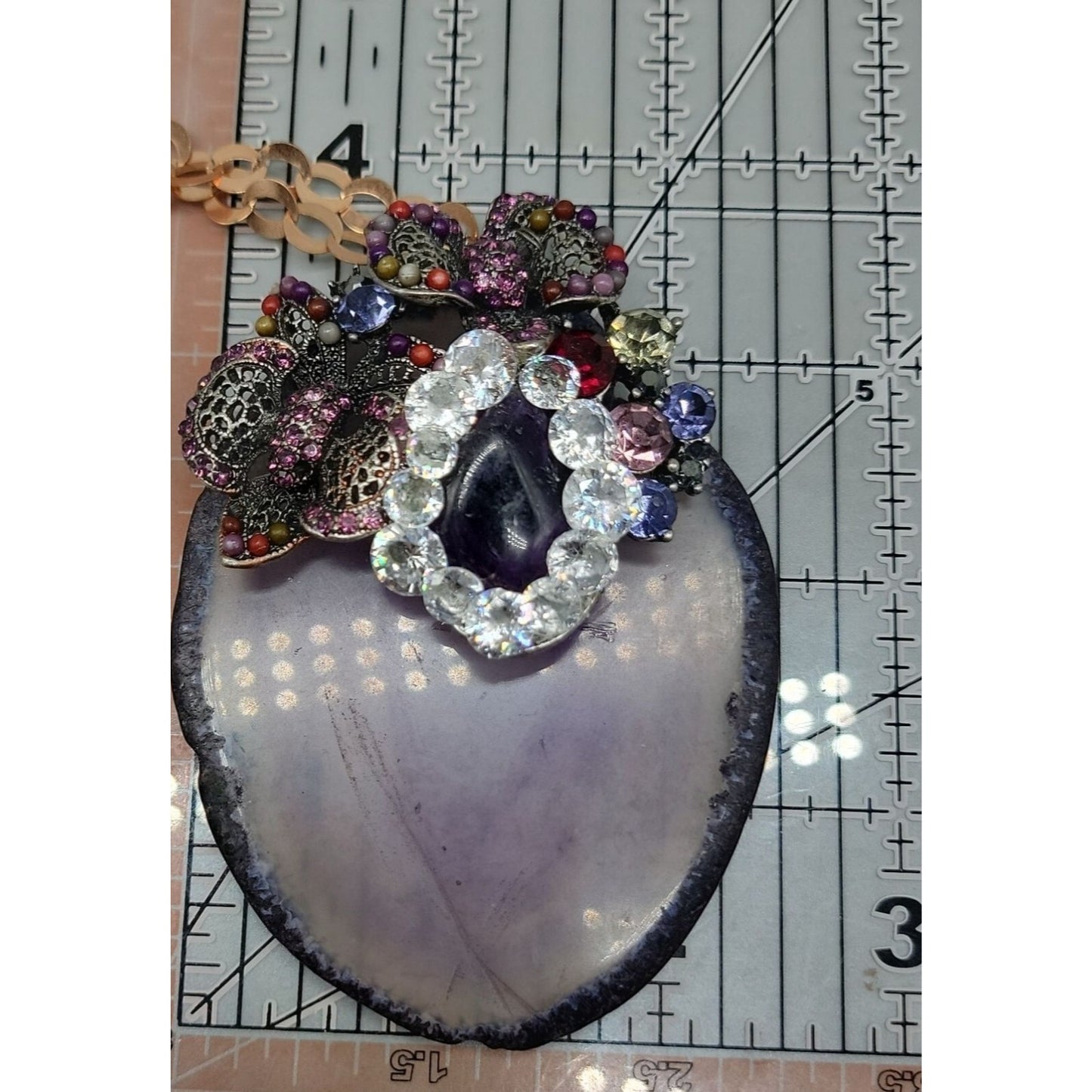 Large Amethyst Slice & Stone Pendant Necklace Cubic Zirconia 18" Copper Chain