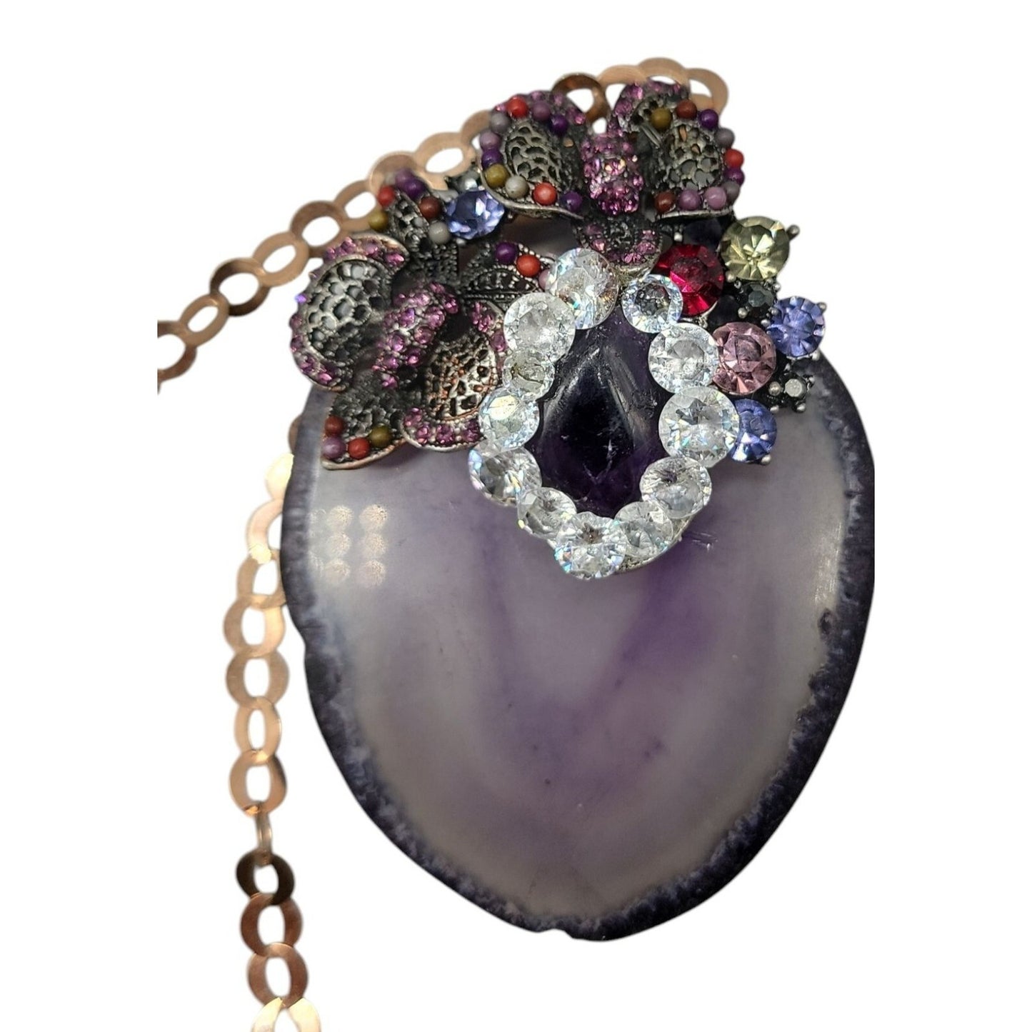 Large Amethyst Slice & Stone Pendant Necklace Cubic Zirconia 18" Copper Chain