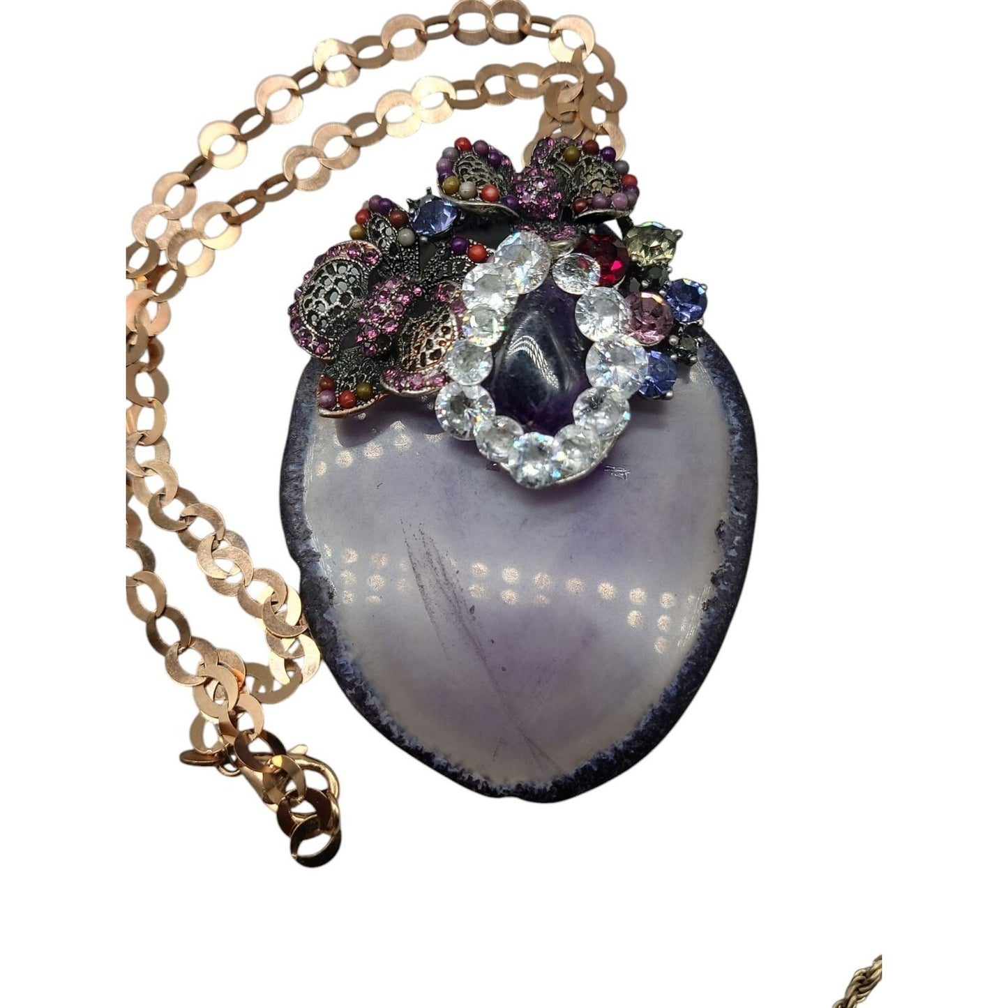 Large Amethyst Slice & Stone Pendant Necklace Cubic Zirconia 18" Copper Chain