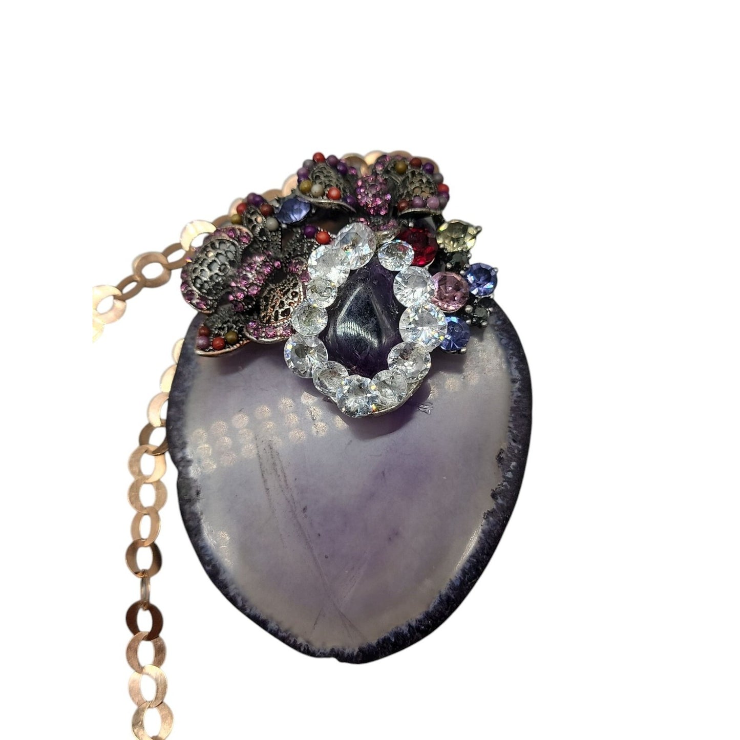 Large Amethyst Slice & Stone Pendant Necklace Cubic Zirconia 18" Copper Chain