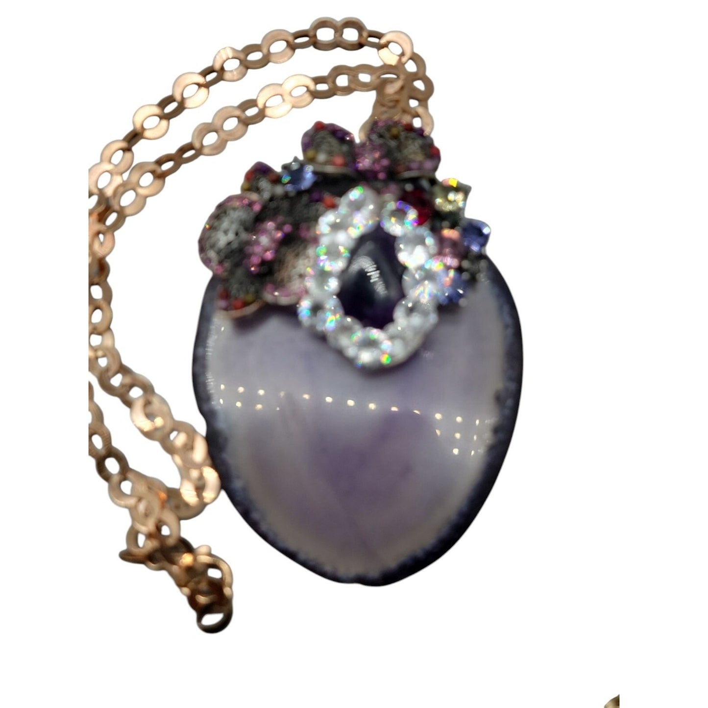 Large Amethyst Slice & Stone Pendant Necklace Cubic Zirconia 18" Copper Chain