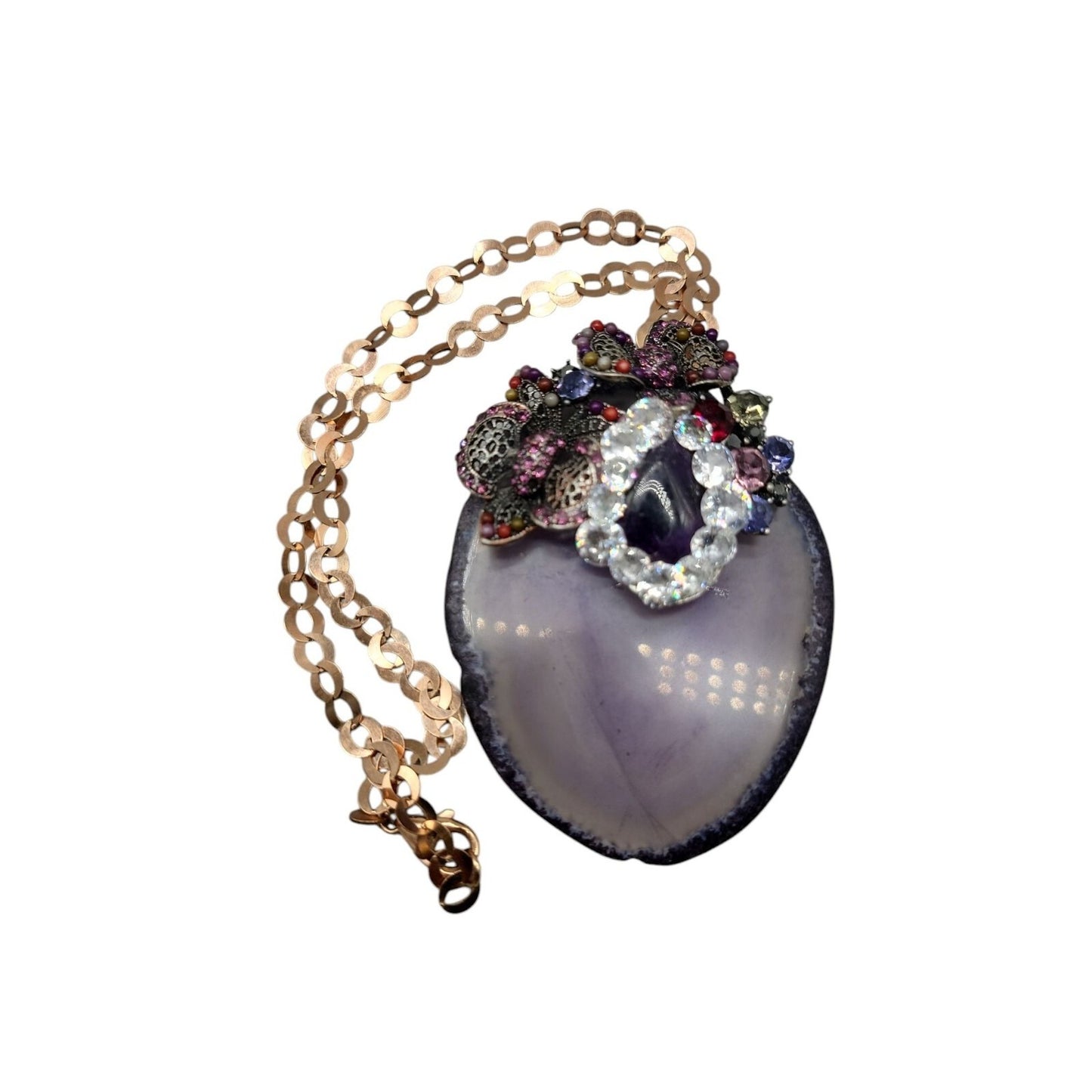 Large Amethyst Slice & Stone Pendant Necklace Cubic Zirconia 18" Copper Chain
