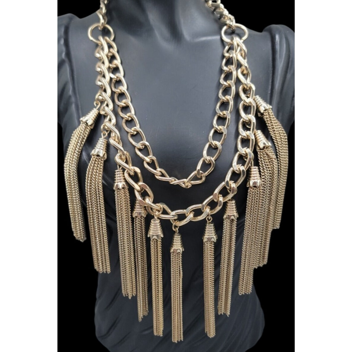 MNG by Mango Chunky Multi Strand Tassel Bib Statement Necklace Gold Tone 22"