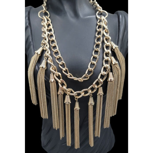 MNG by Mango Chunky Multi Strand Tassel Bib Statement Necklace Gold Tone 22"