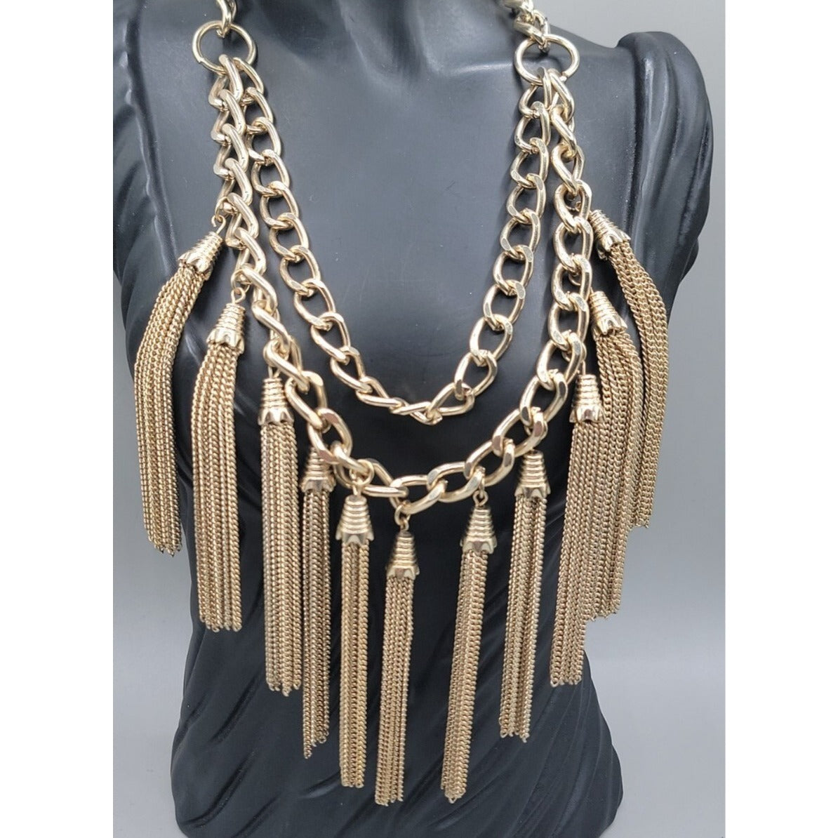 MNG by Mango Chunky Multi Strand Tassel Bib Statement Necklace Gold Tone 22"