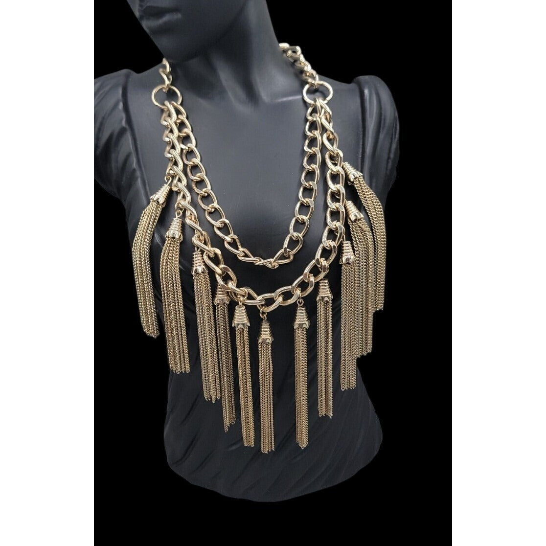 MNG by Mango Chunky Multi Strand Tassel Bib Statement Necklace Gold Tone 22"