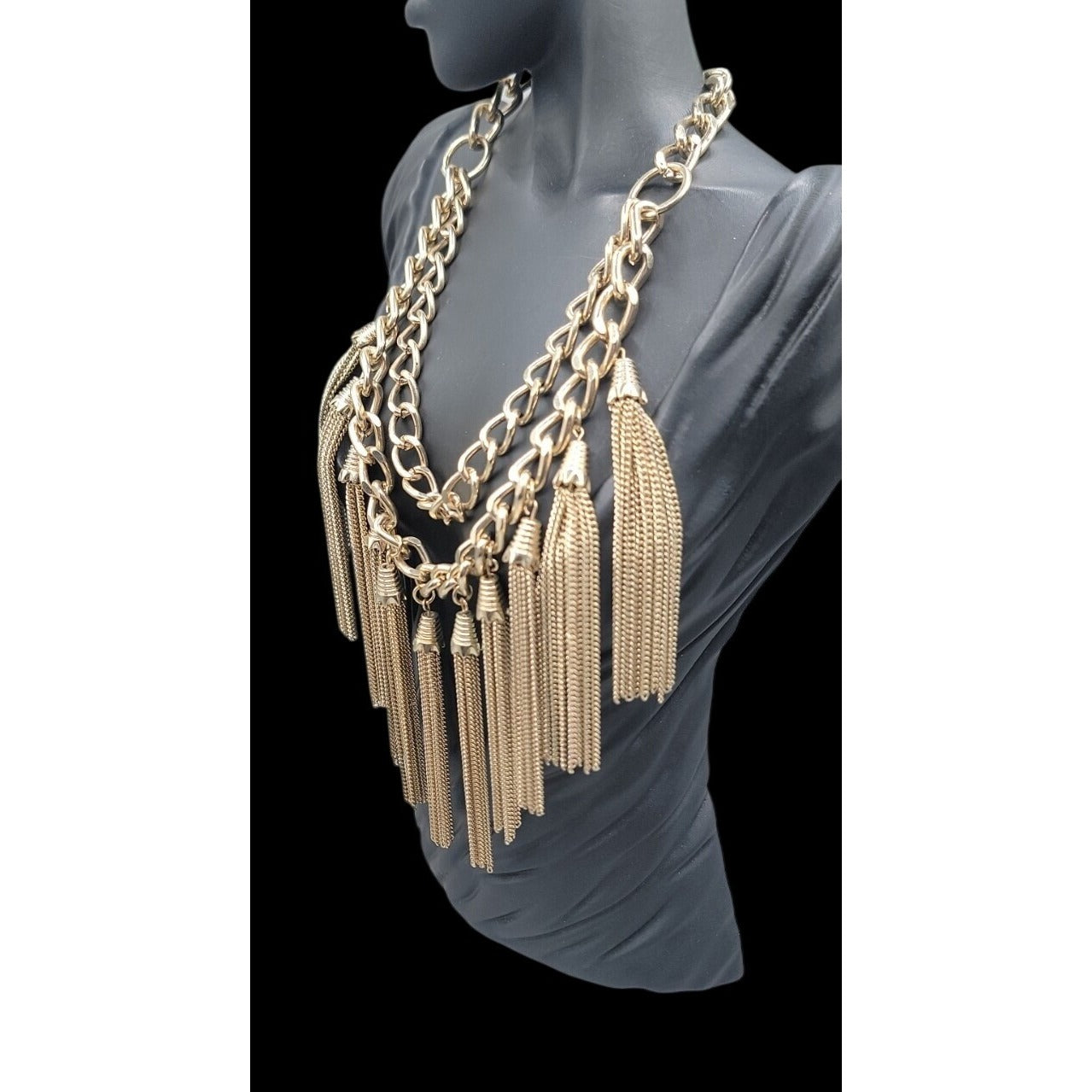 MNG by Mango Chunky Multi Strand Tassel Bib Statement Necklace Gold Tone 22"