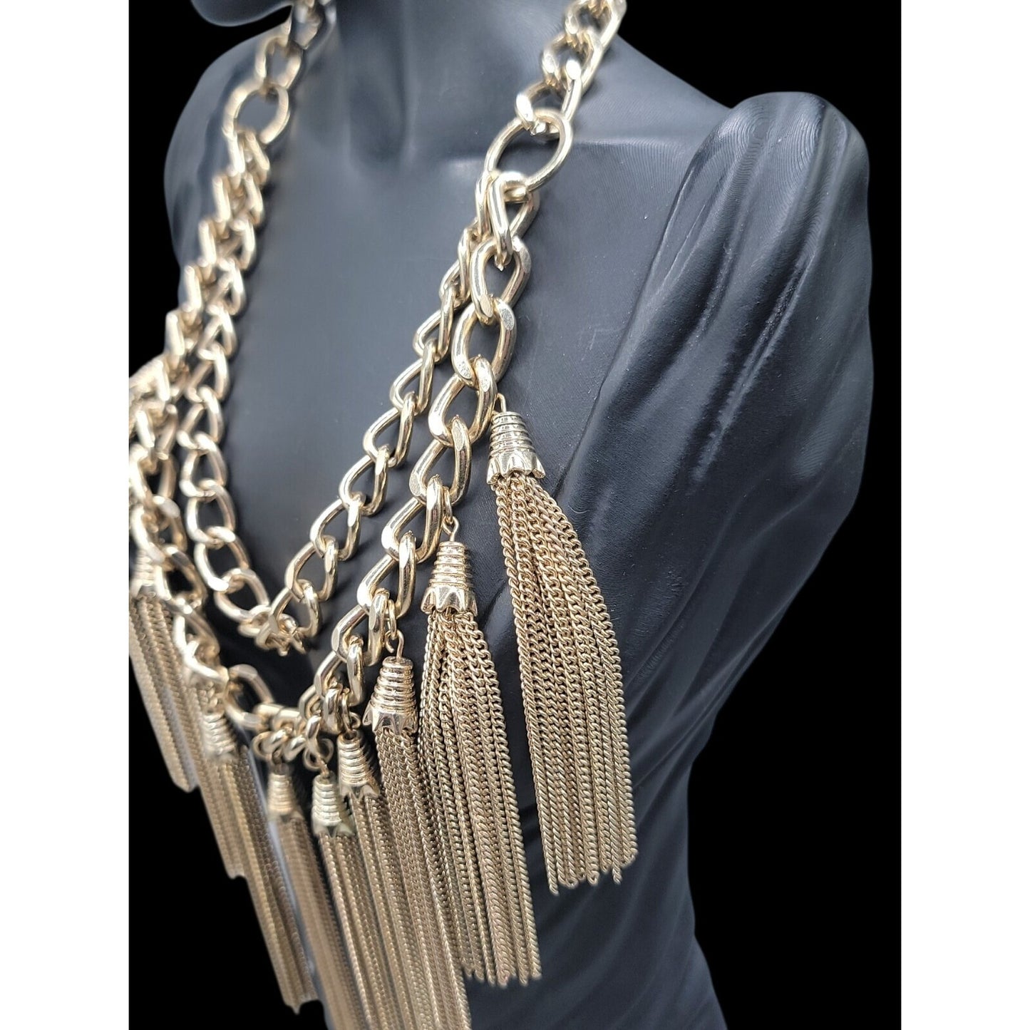 MNG by Mango Chunky Multi Strand Tassel Bib Statement Necklace Gold Tone 22"