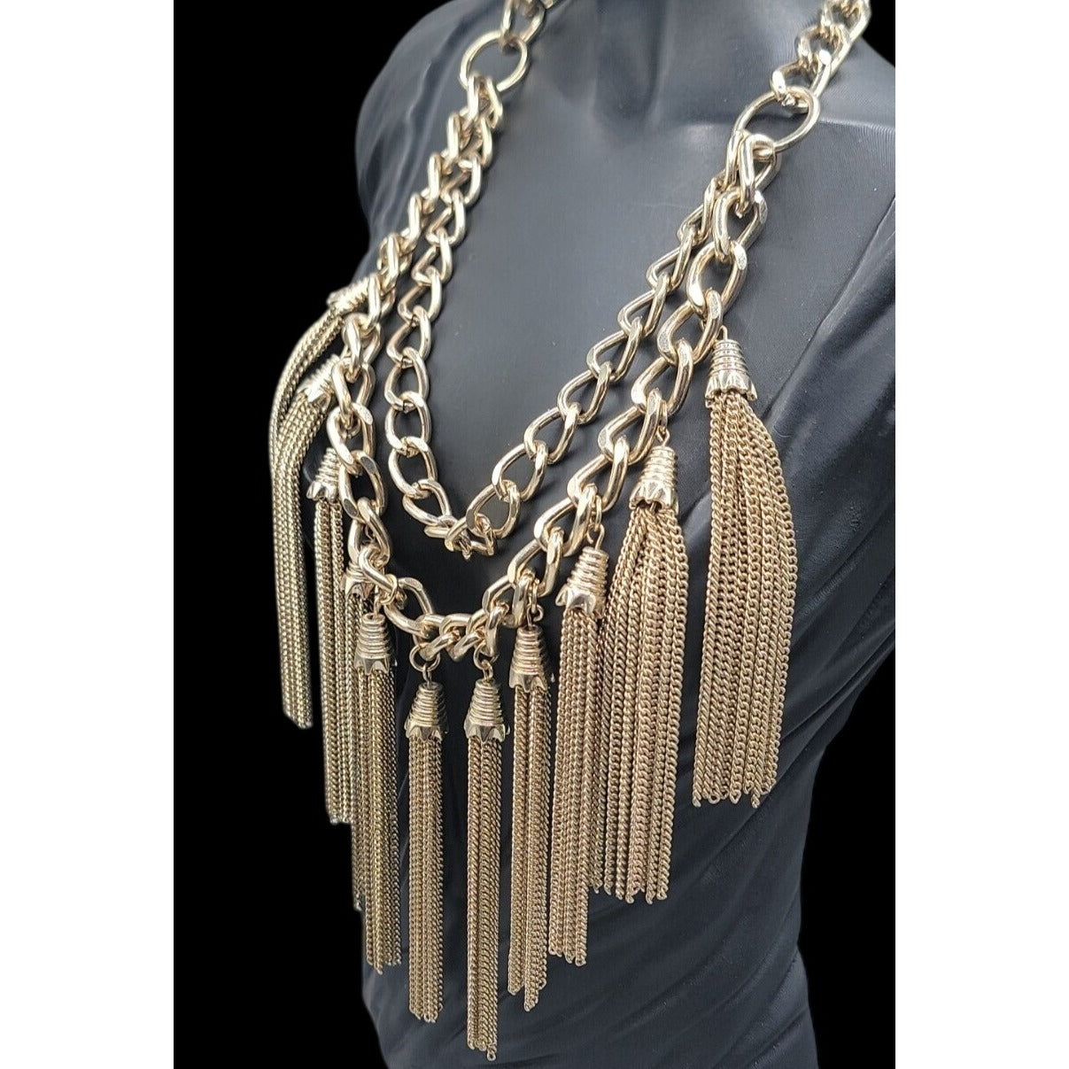 MNG by Mango Chunky Multi Strand Tassel Bib Statement Necklace Gold Tone 22"