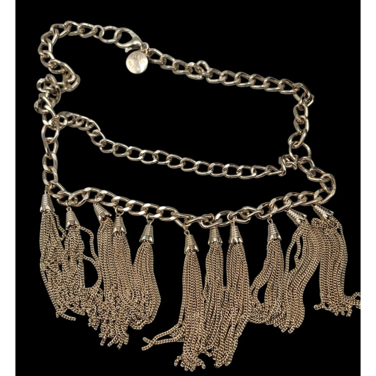 MNG by Mango Chunky Multi Strand Tassel Bib Statement Necklace Gold Tone 22"