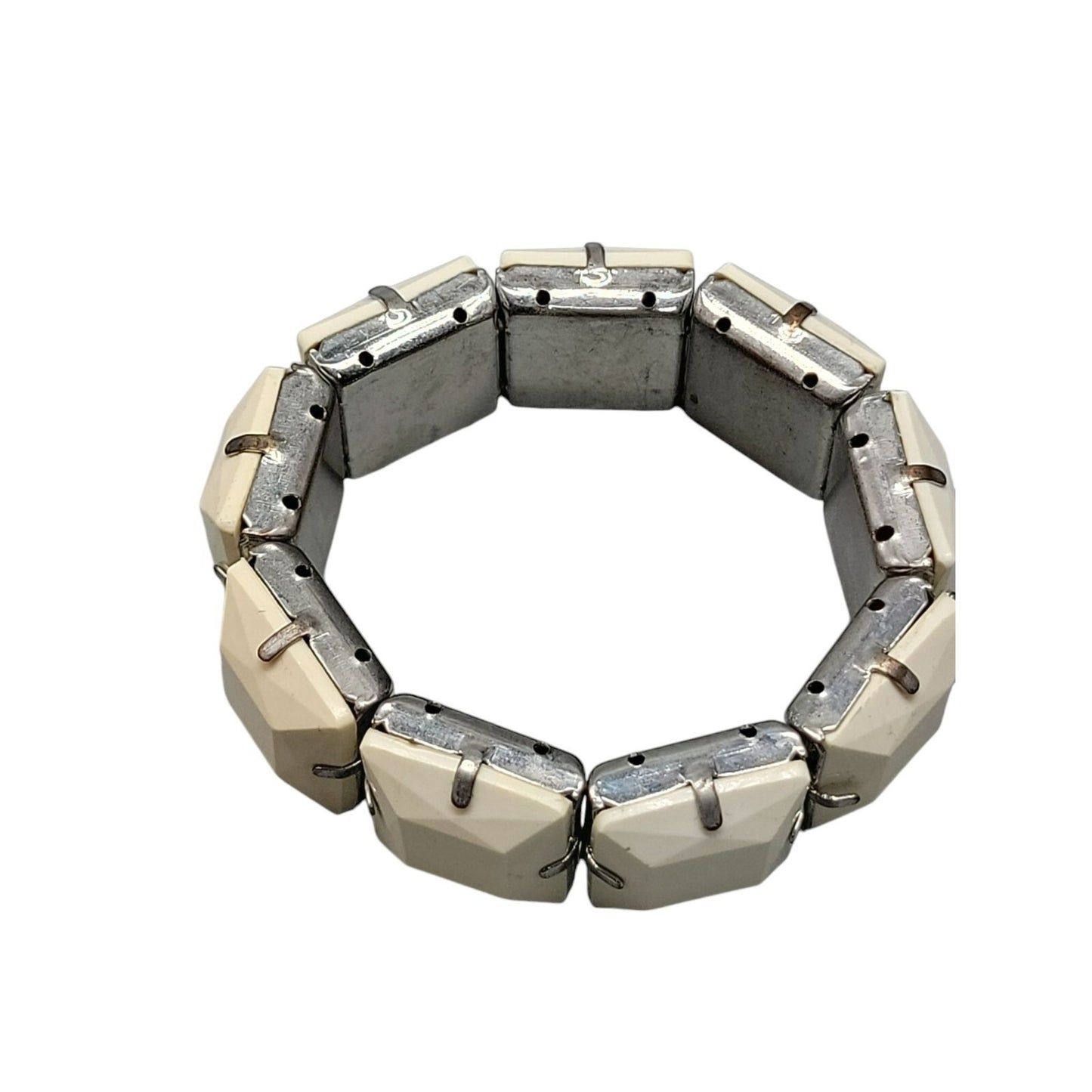 Vintage 1950s White Thermoset Panel Stretch Bracelet Chiclet-Shaped Links 6.5