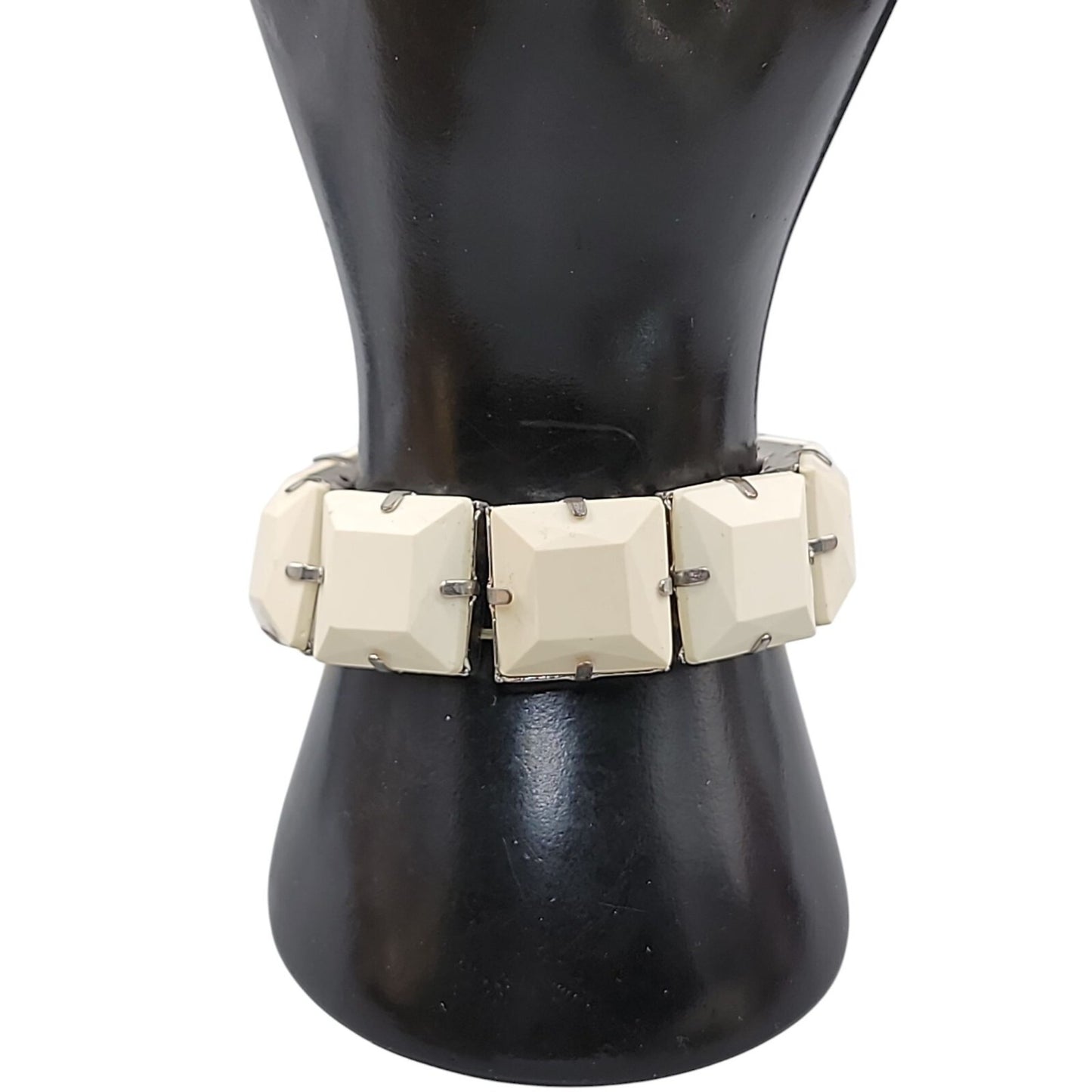 Vintage 1950s White Thermoset Panel Stretch Bracelet Chiclet-Shaped Links 6.5