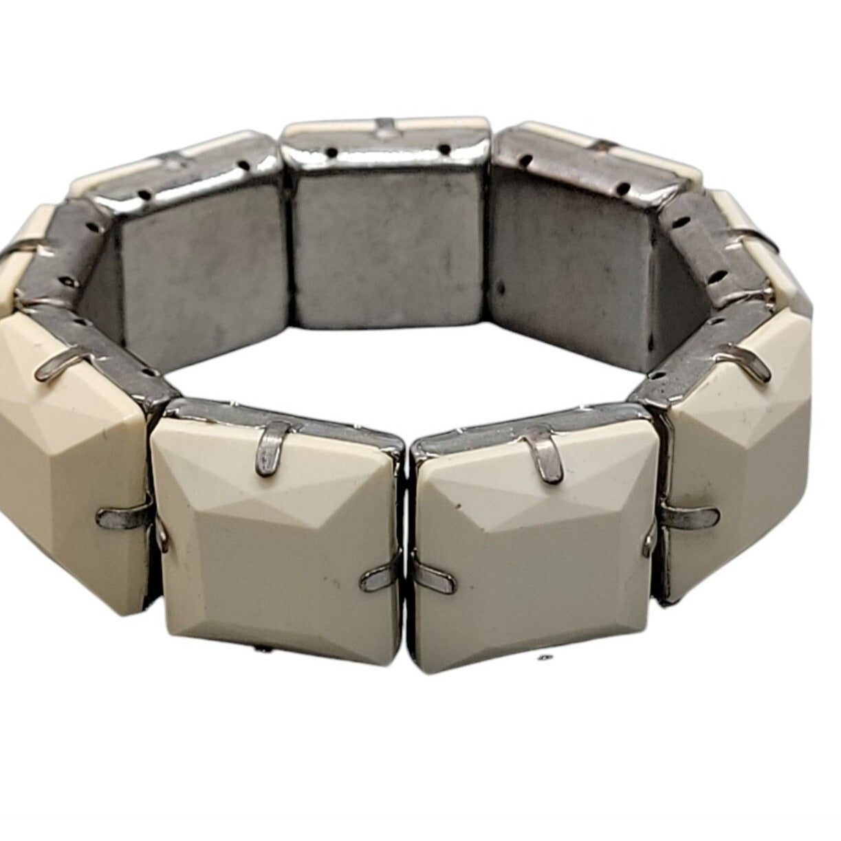 Vintage 1950s White Thermoset Panel Stretch Bracelet Chiclet-Shaped Links 6.5