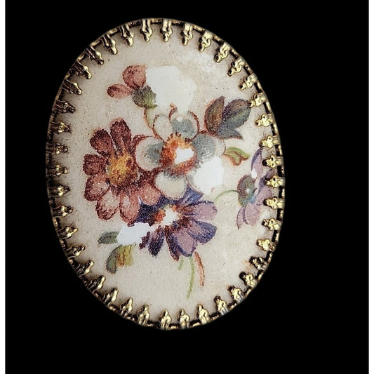 Vintage Western Germany Porcelian Sugar Oval Flower Brooch Gold Tone Frame