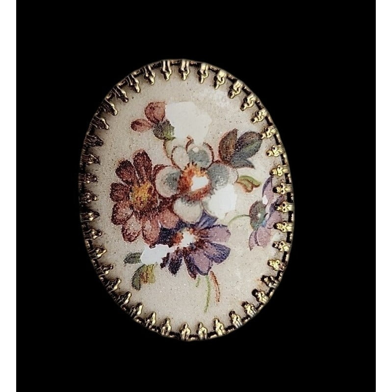 Vintage Western Germany Porcelian Sugar Oval Flower Brooch Gold Tone Frame