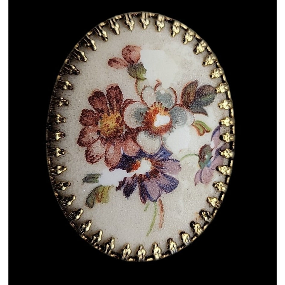 Vintage Western Germany Porcelian Sugar Oval Flower Brooch Gold Tone Frame
