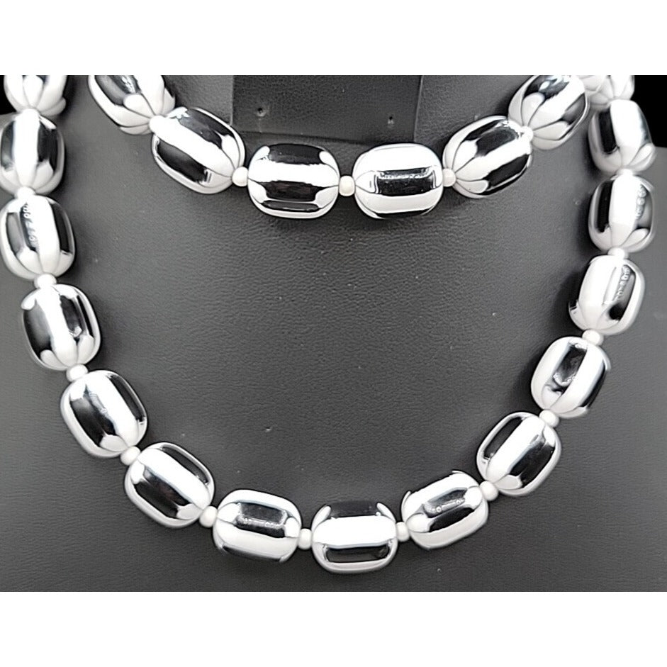 Vintage Black & White Striped Design Lucite Bead Necklace 1950s 30" Oval 13.7mm