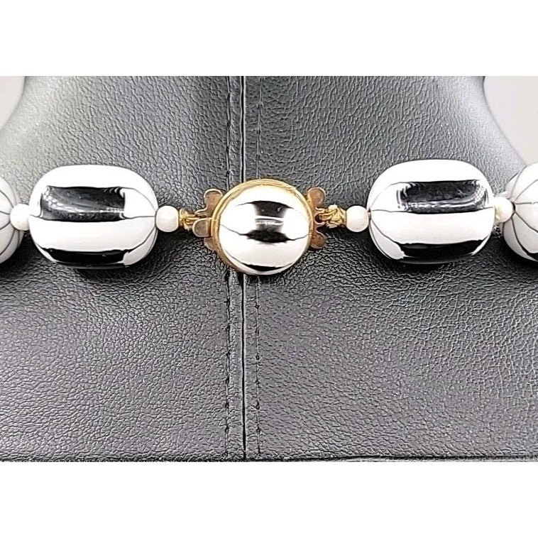 Vintage Black & White Striped Design Lucite Bead Necklace 1950s 30" Oval 13.7mm