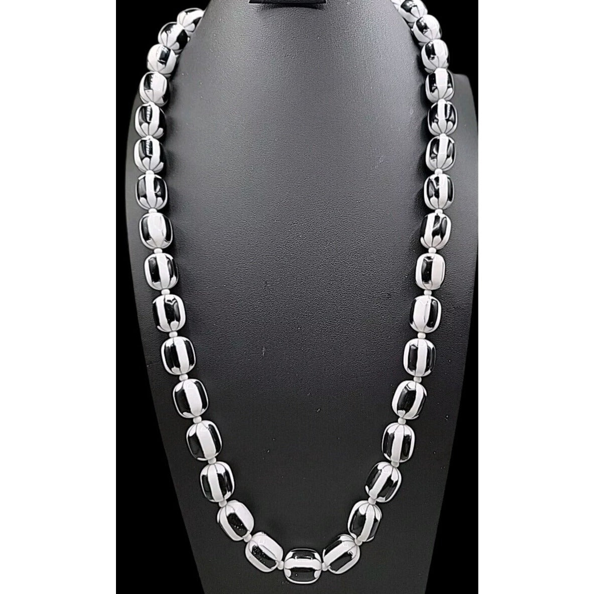 Vintage Black & White Striped Design Lucite Bead Necklace 1950s 30" Oval 13.7mm
