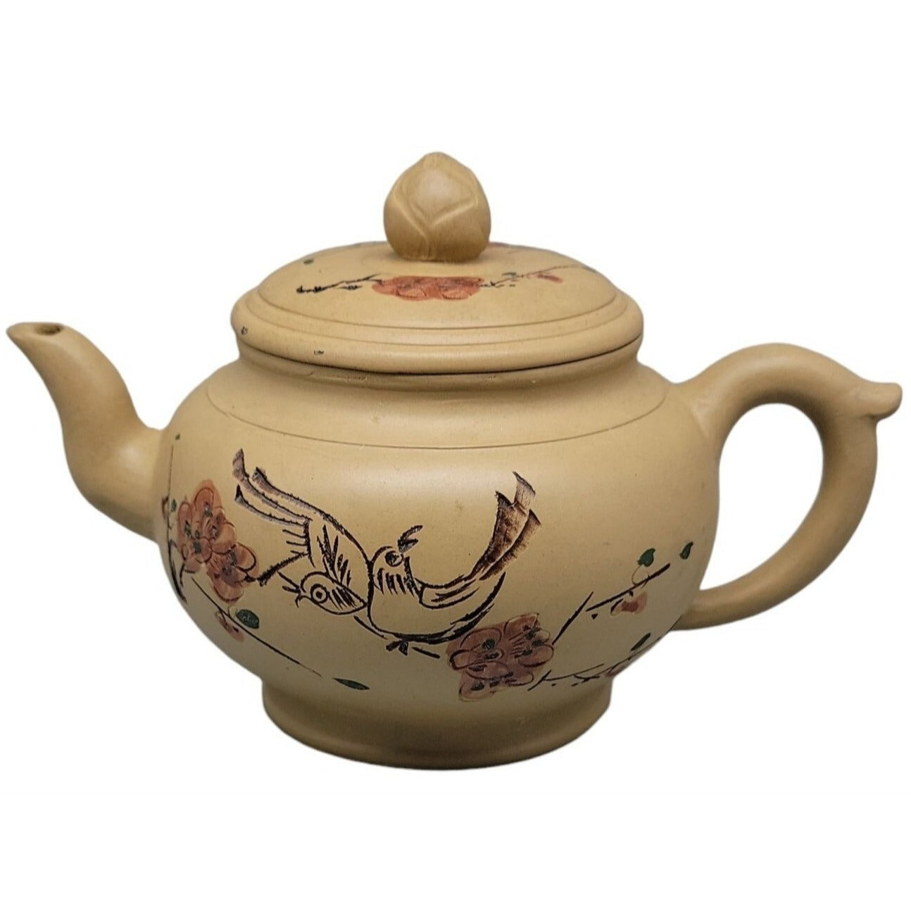 Vintage Chinese Yixing Zisha Teapot Duanni Clay Bird & Flowers Calligraphy 1980s