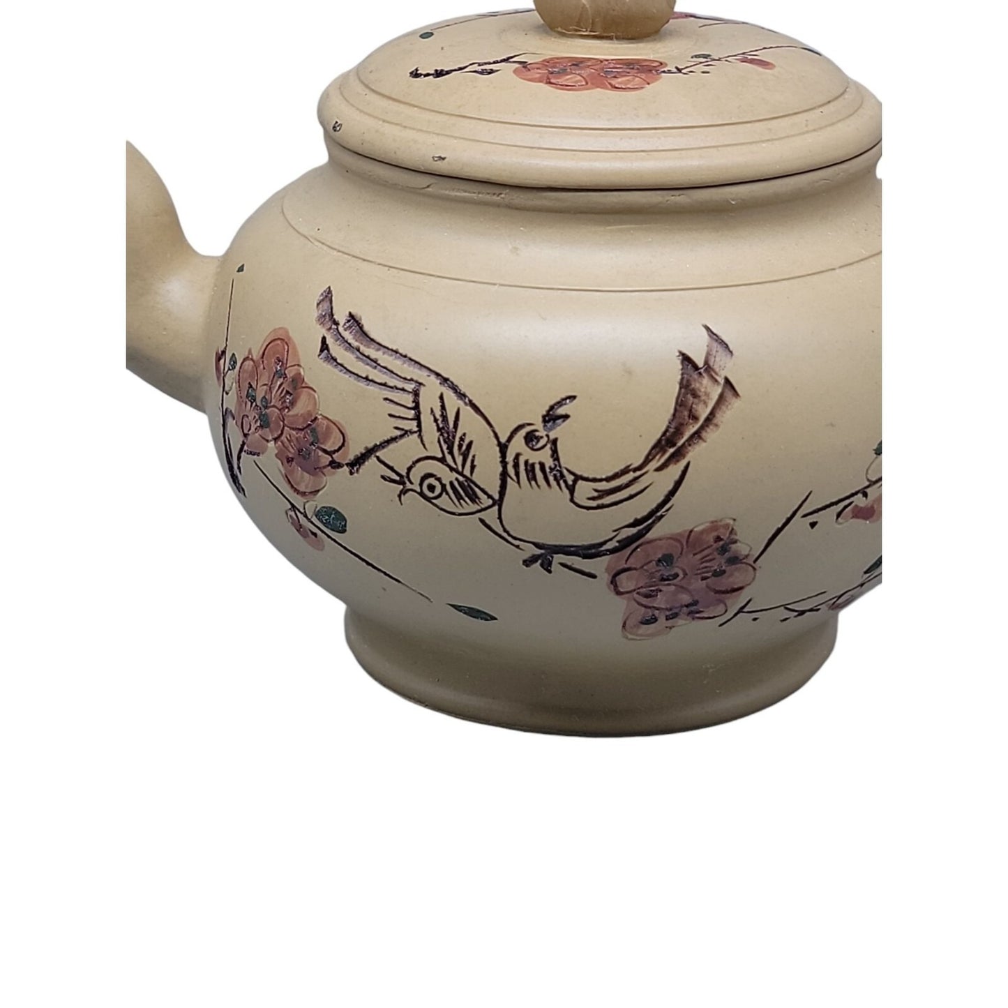Vintage Chinese Yixing Zisha Teapot Duanni Clay Bird & Flowers Calligraphy 1980s