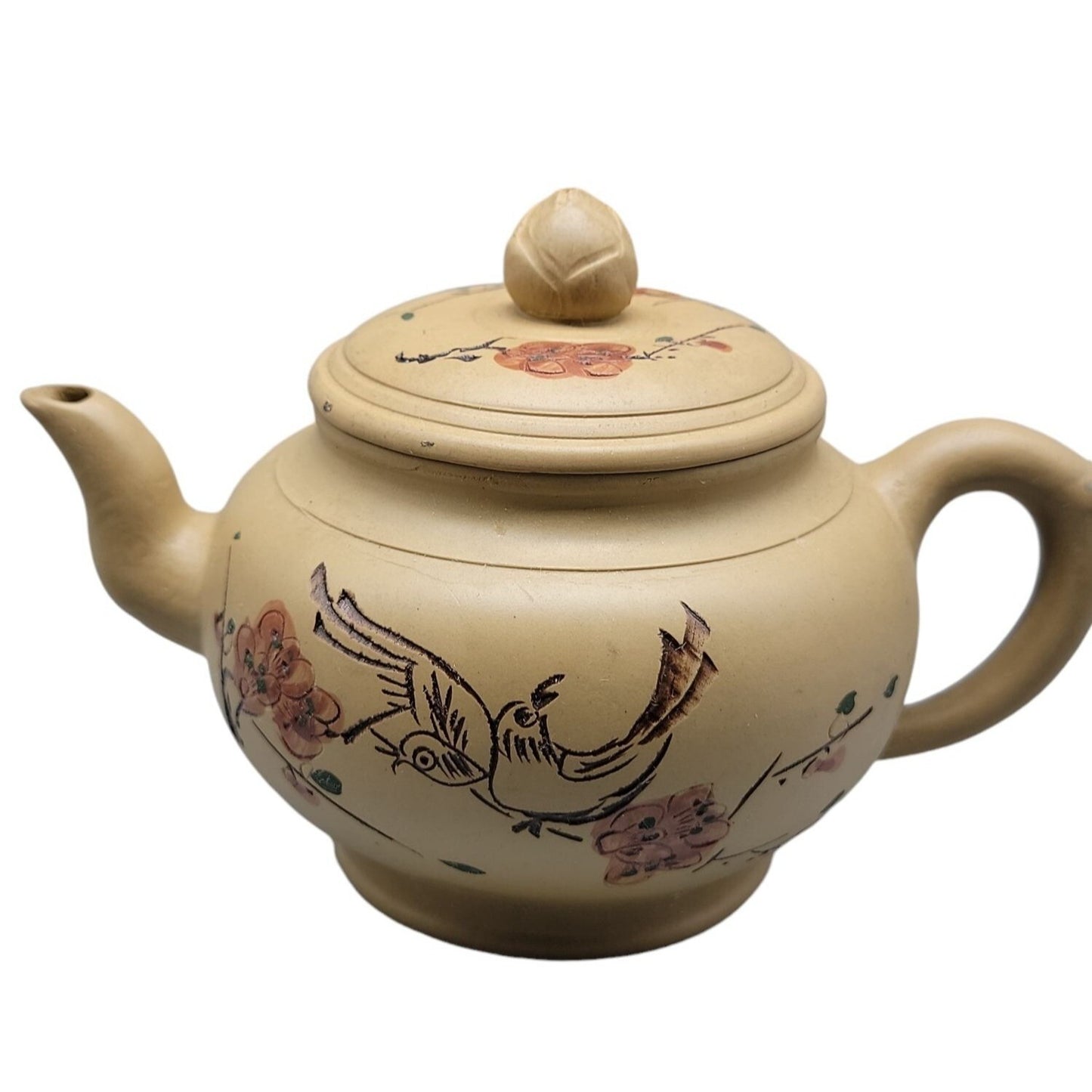 Vintage Chinese Yixing Zisha Teapot Duanni Clay Bird & Flowers Calligraphy 1980s