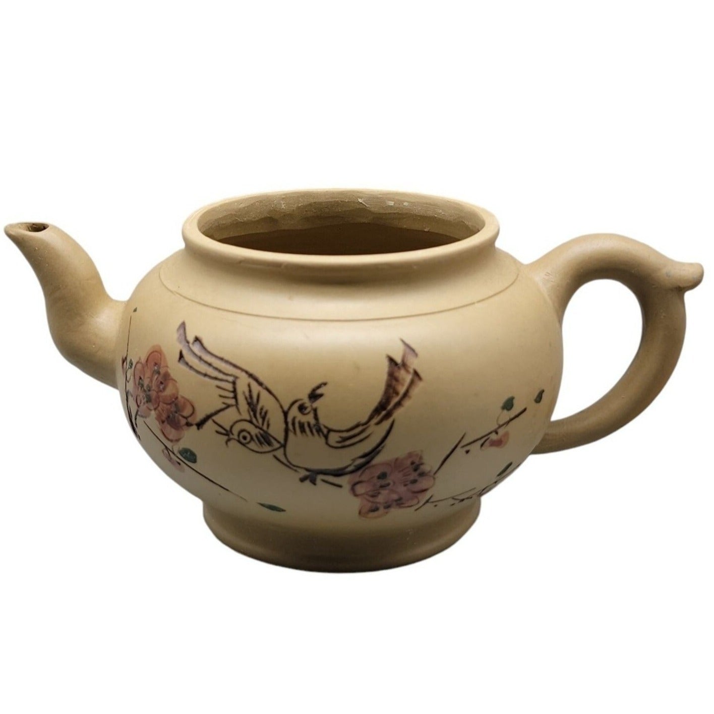 Vintage Chinese Yixing Zisha Teapot Duanni Clay Bird & Flowers Calligraphy 1980s