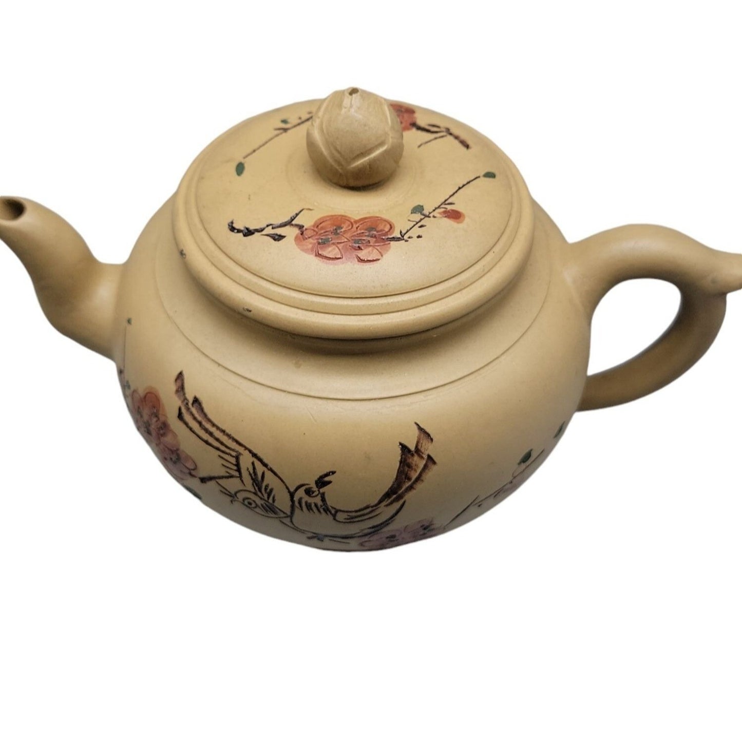 Vintage Chinese Yixing Zisha Teapot Duanni Clay Bird & Flowers Calligraphy 1980s