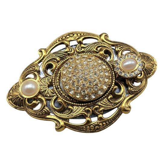 Antique Style Gold Openwork Scroll Border Oval Brooch Large Victorian Revival