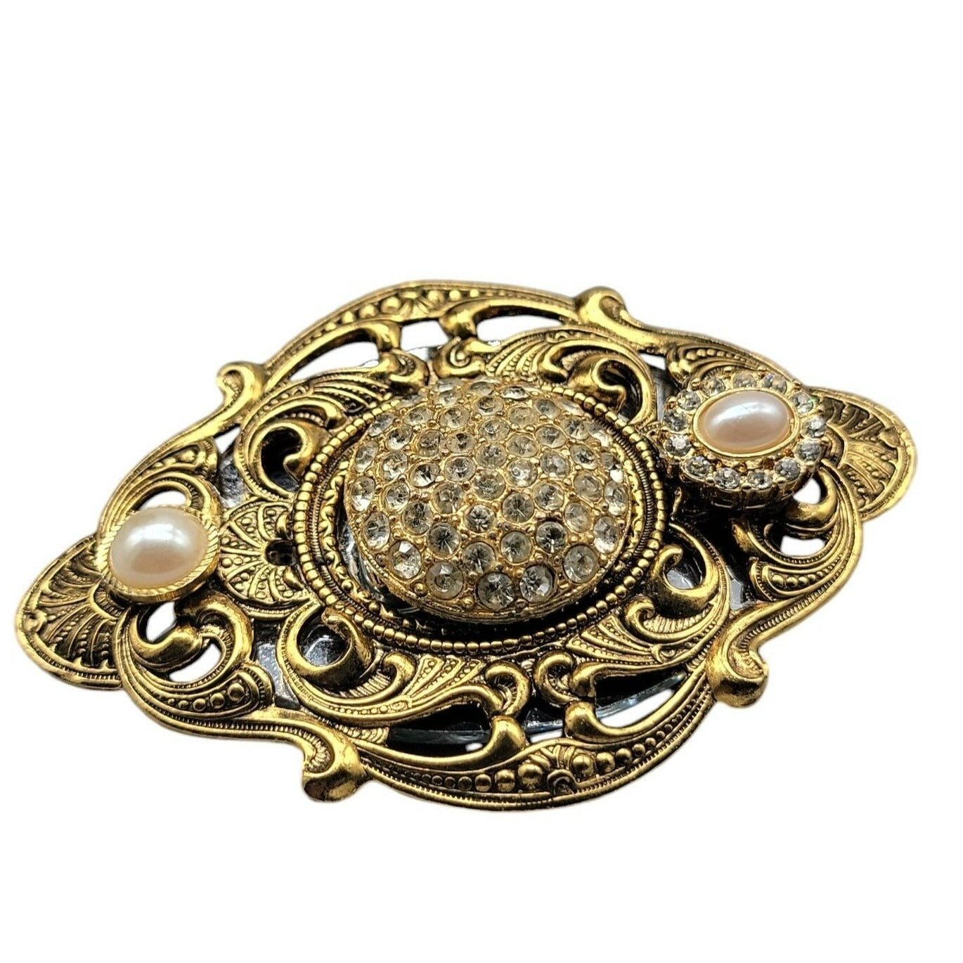 Antique Style Gold Openwork Scroll Border Oval Brooch Large Victorian Revival