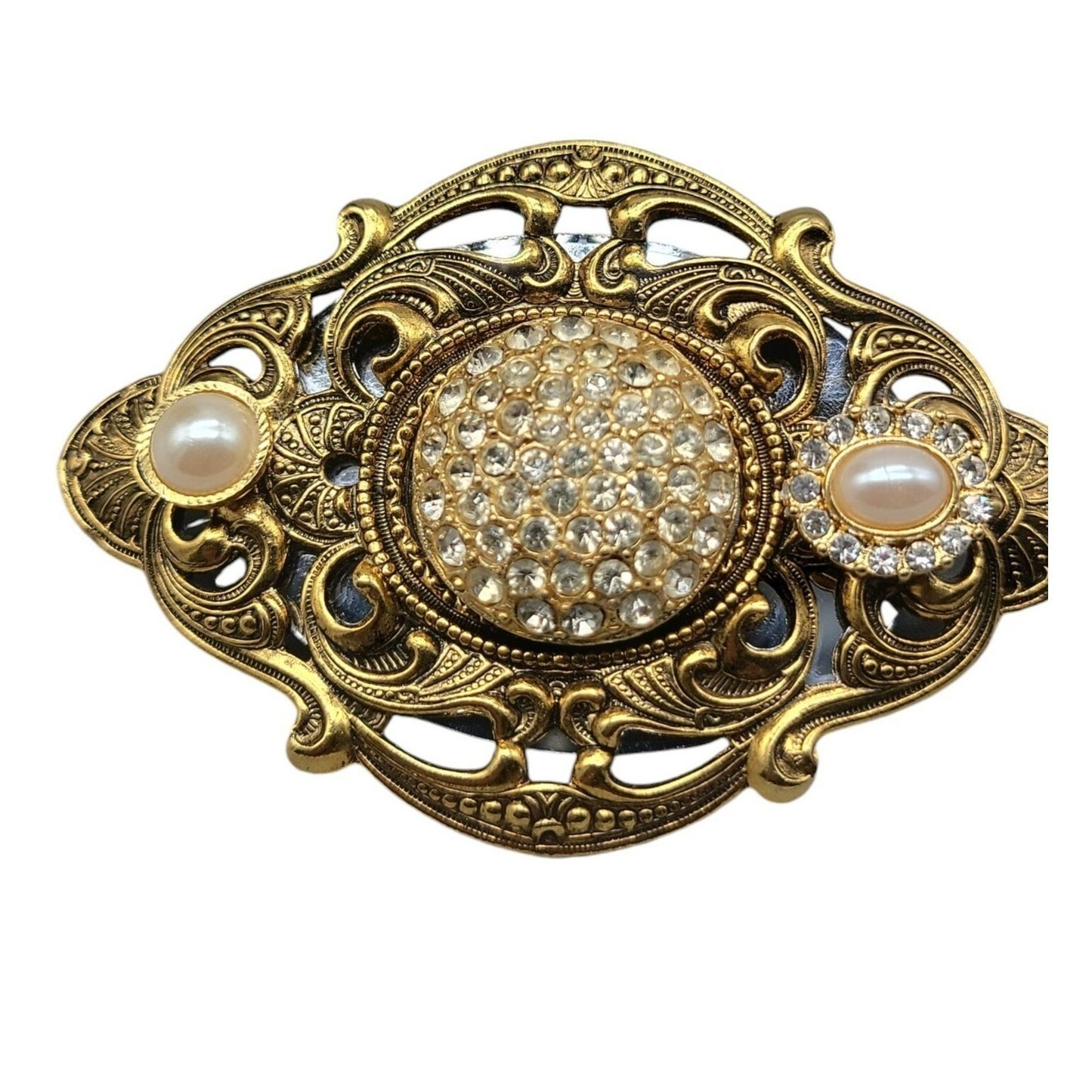 Antique Style Gold Openwork Scroll Border Oval Brooch Large Victorian Revival
