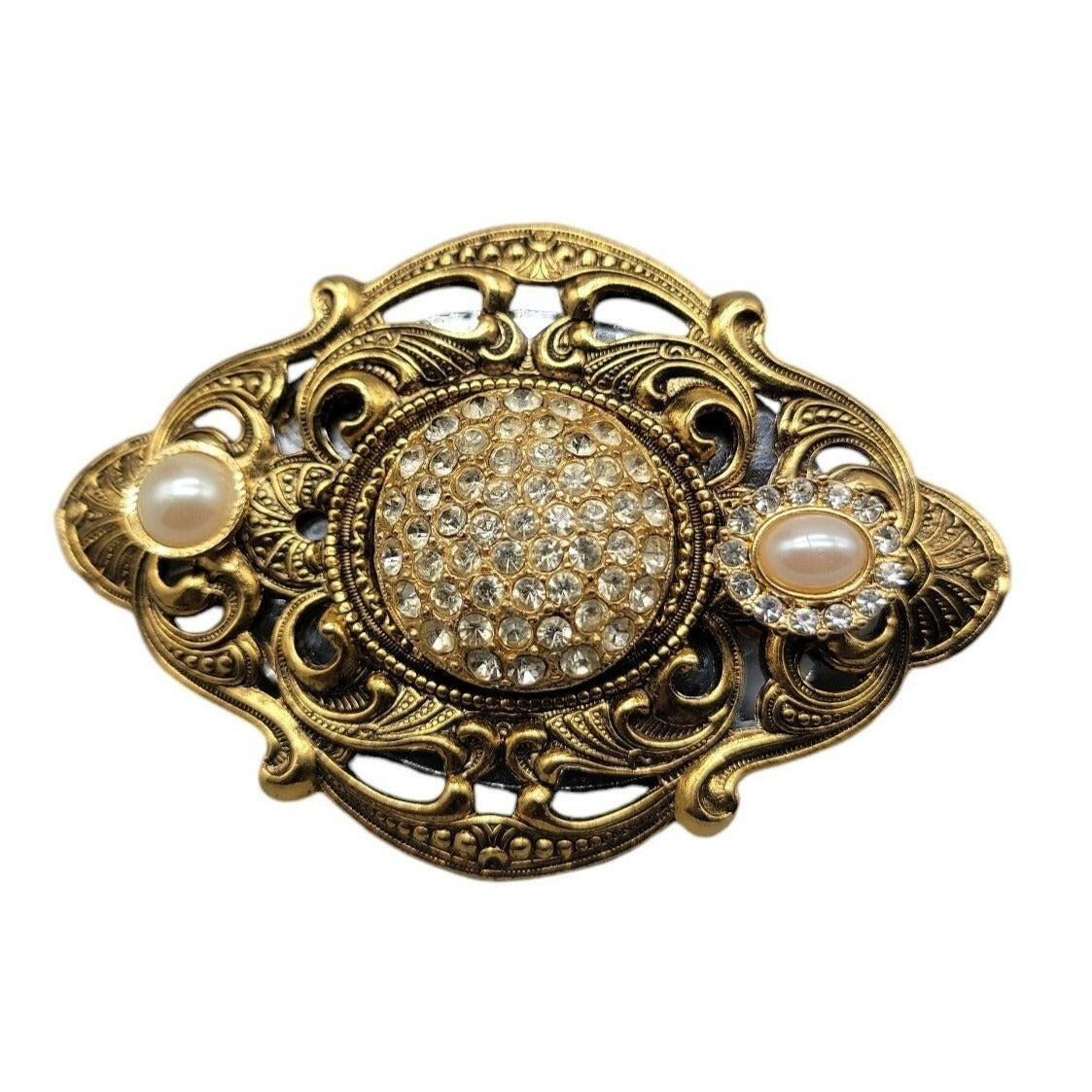 Antique Style Gold Openwork Scroll Border Oval Brooch Large Victorian Revival