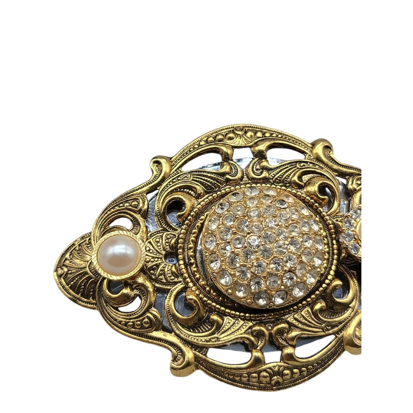 Antique Style Gold Openwork Scroll Border Oval Brooch Large Victorian Revival