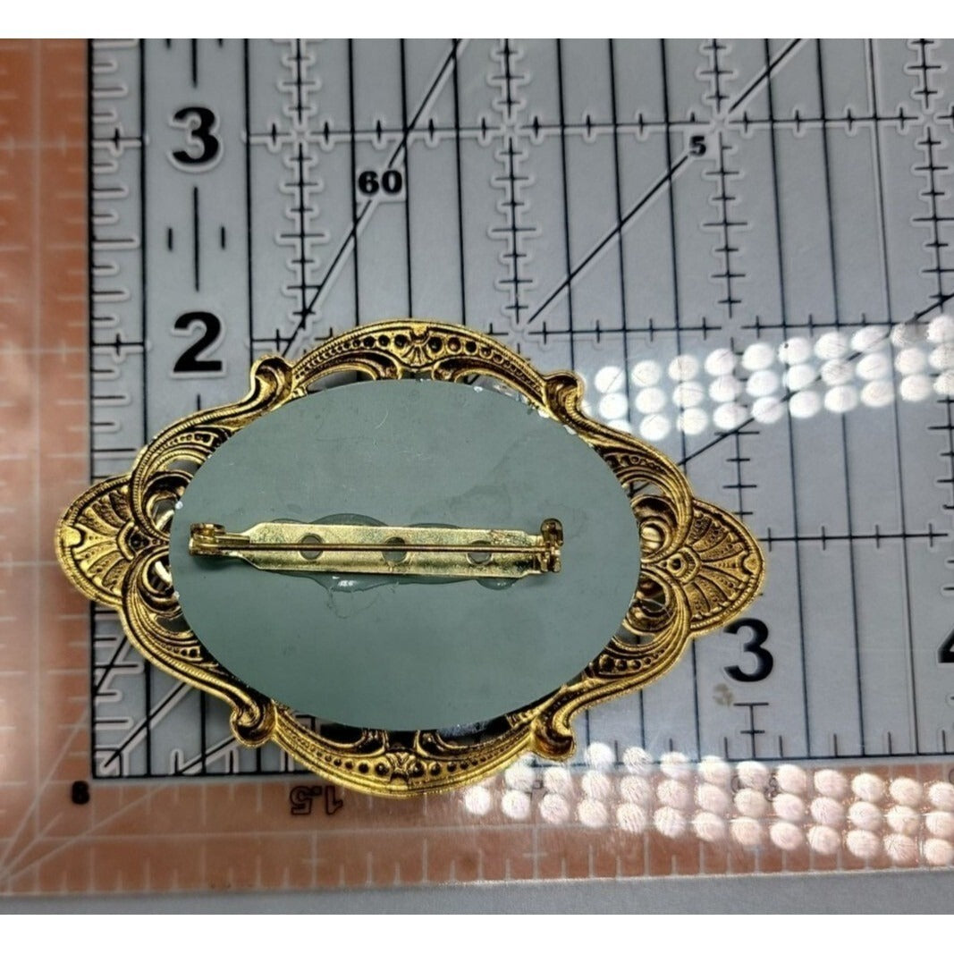 Antique Style Gold Openwork Scroll Border Oval Brooch Large Victorian Revival